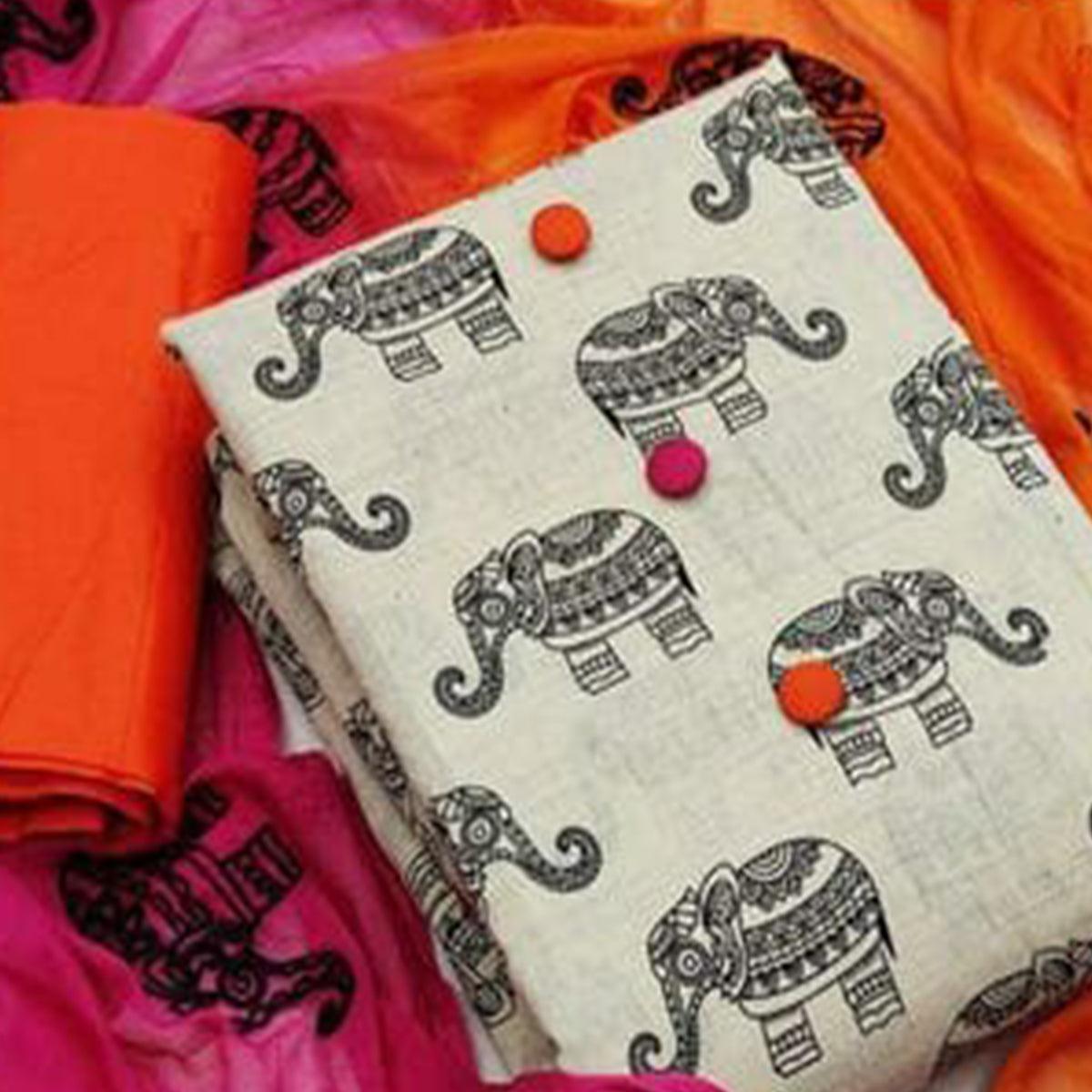 OffWhite - Orange Kalamkari Printed Khaadi Dress Material - Peachmode