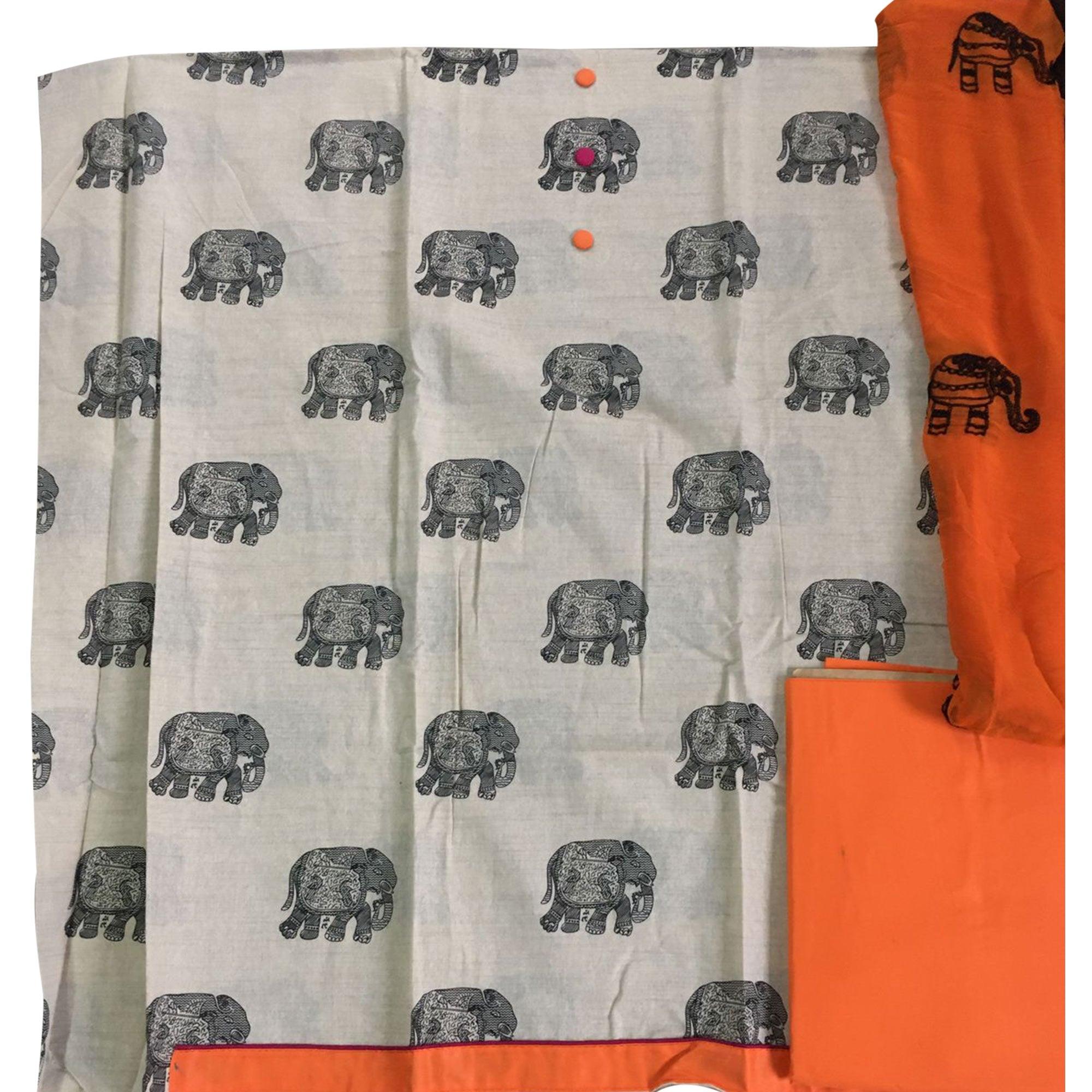 OffWhite - Orange Kalamkari Printed Khaadi Dress Material - Peachmode