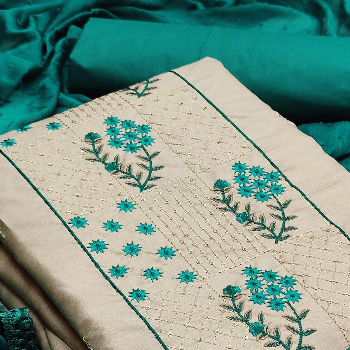 Offwhite Partywear Floral Embroidered Pure Silk Dress Material - Peachmode