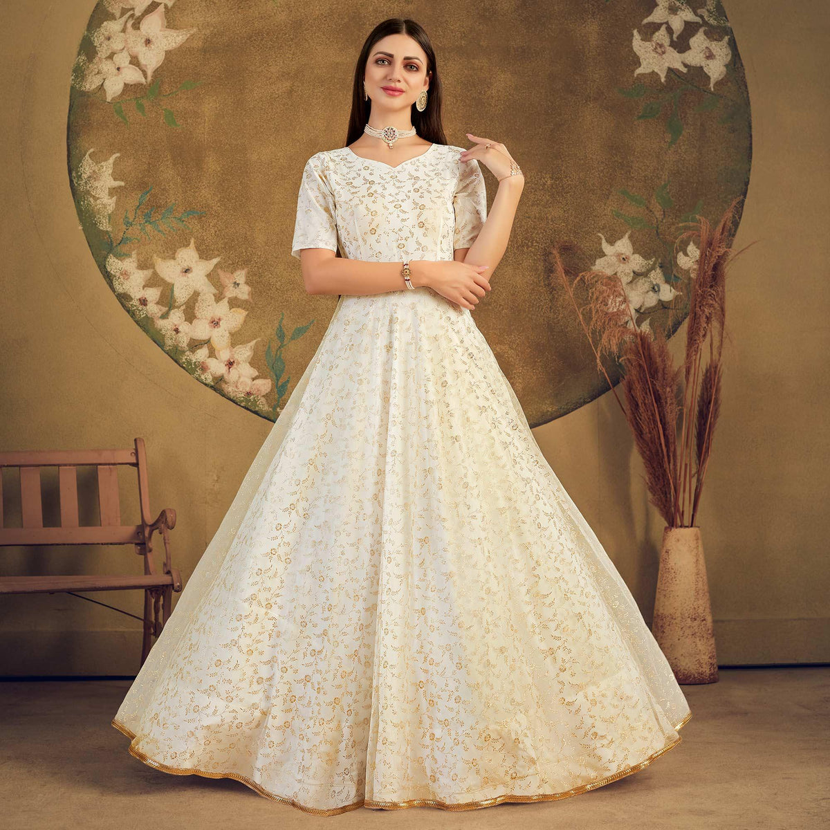 Offwhite Partywear Wear Foil Work Net Gown - Main Image