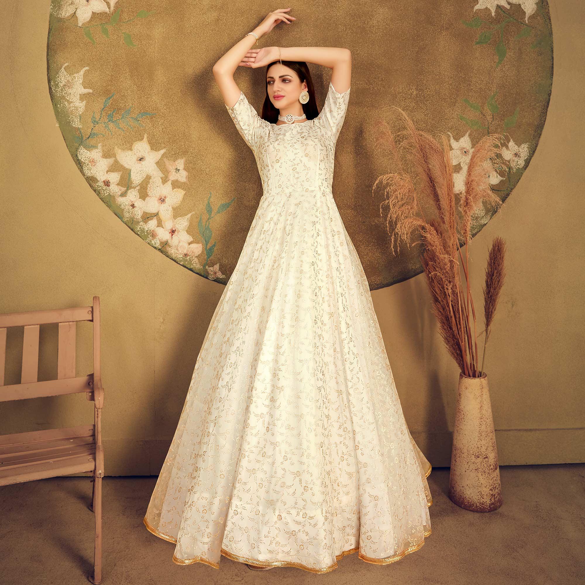 Offwhite Partywear Wear Foil Work Net Gown - Peachmode