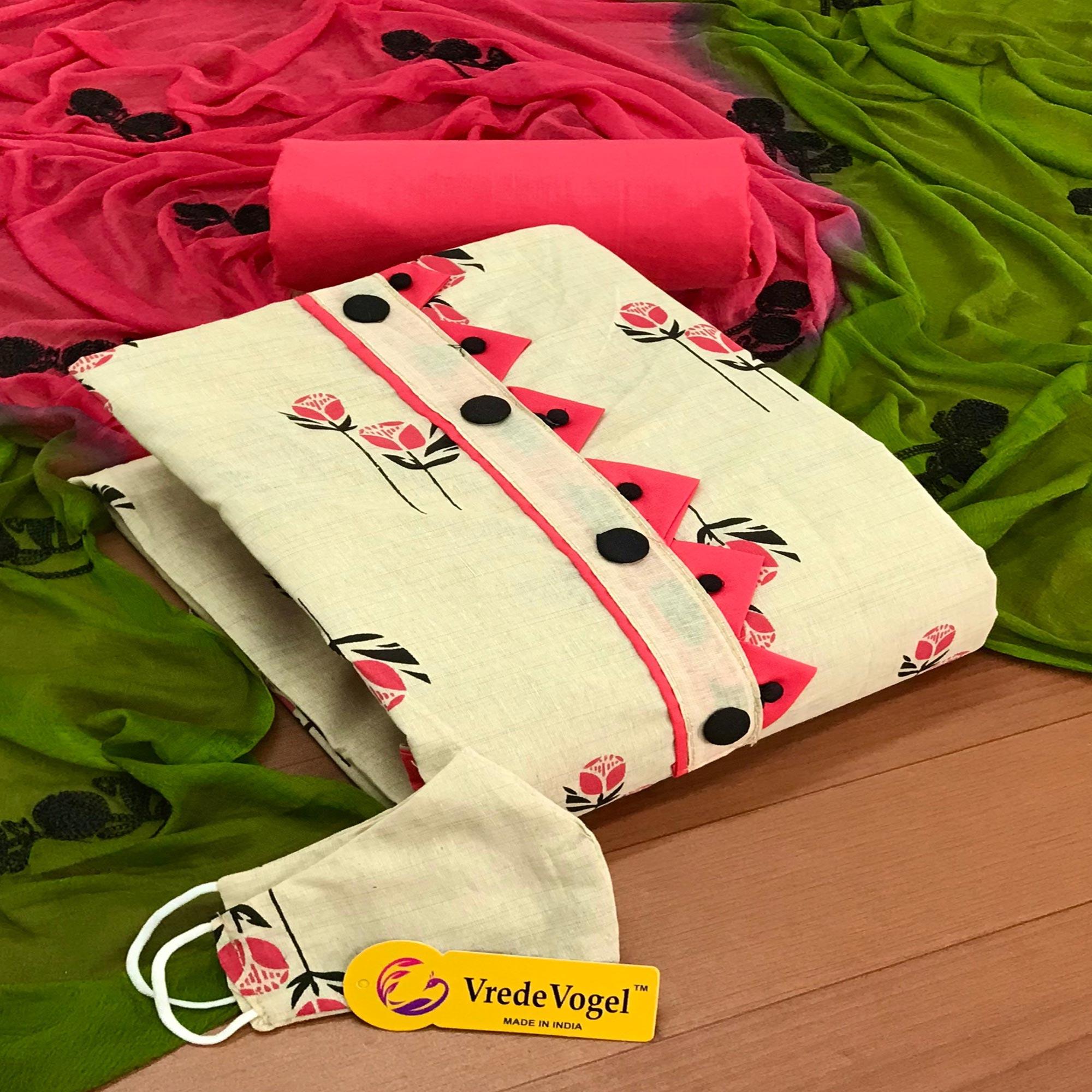 OffWhite - Pink Casual Wear Printed Cotton Dress Material - Peachmode