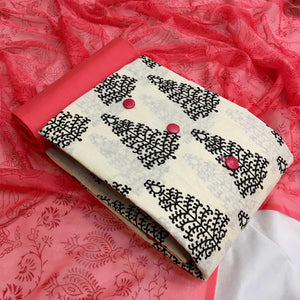 OffWhite - Pink Casual Wear Printed Cotton Dress Material - Peachmode