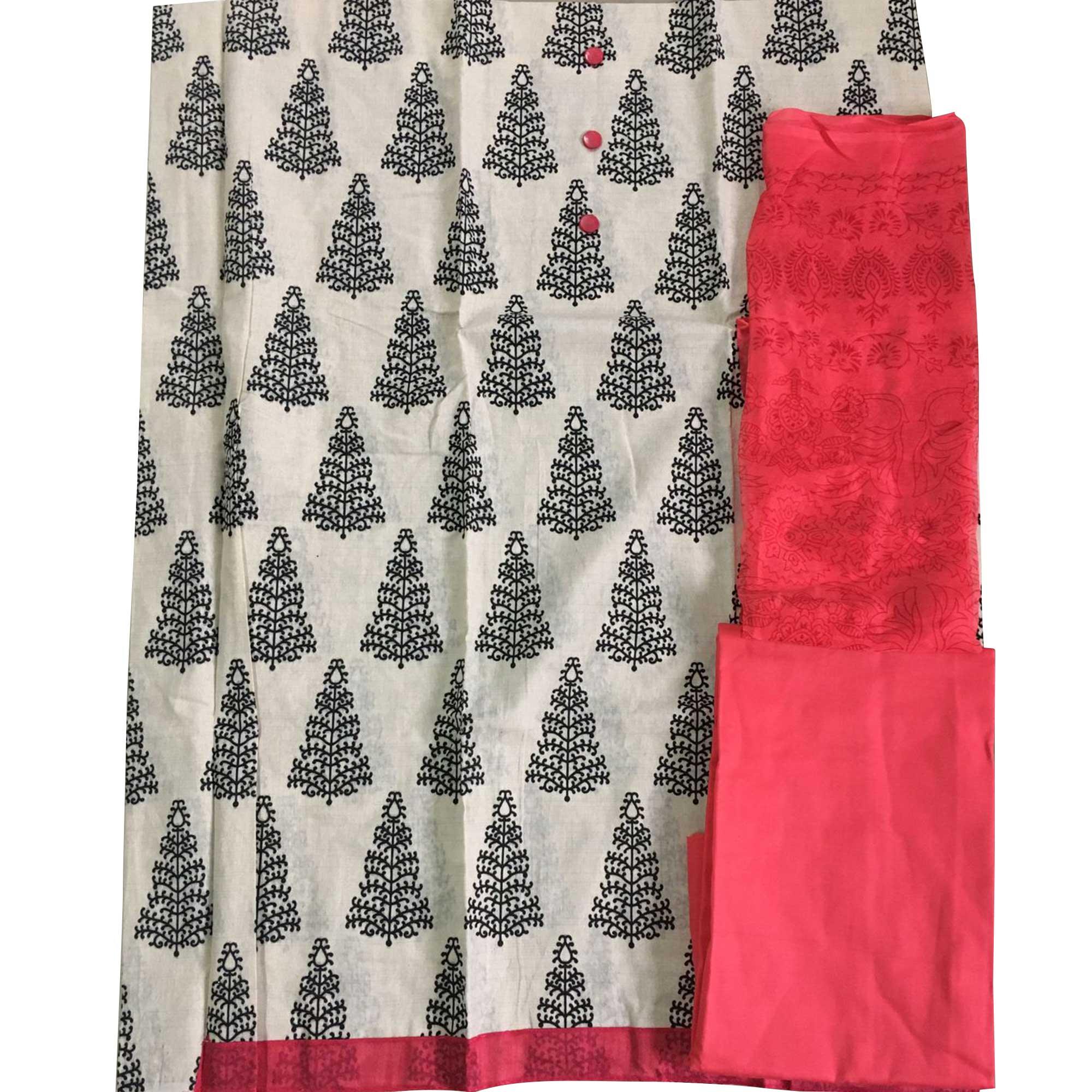 OffWhite - Pink Casual Wear Printed Cotton Dress Material - Peachmode