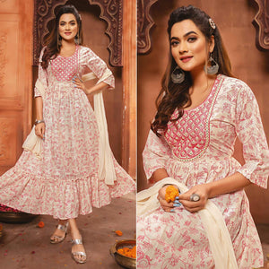 Offwhite-Pink Printed-Embroidered Poly Cotton Gown With Dupatta - Peachmode