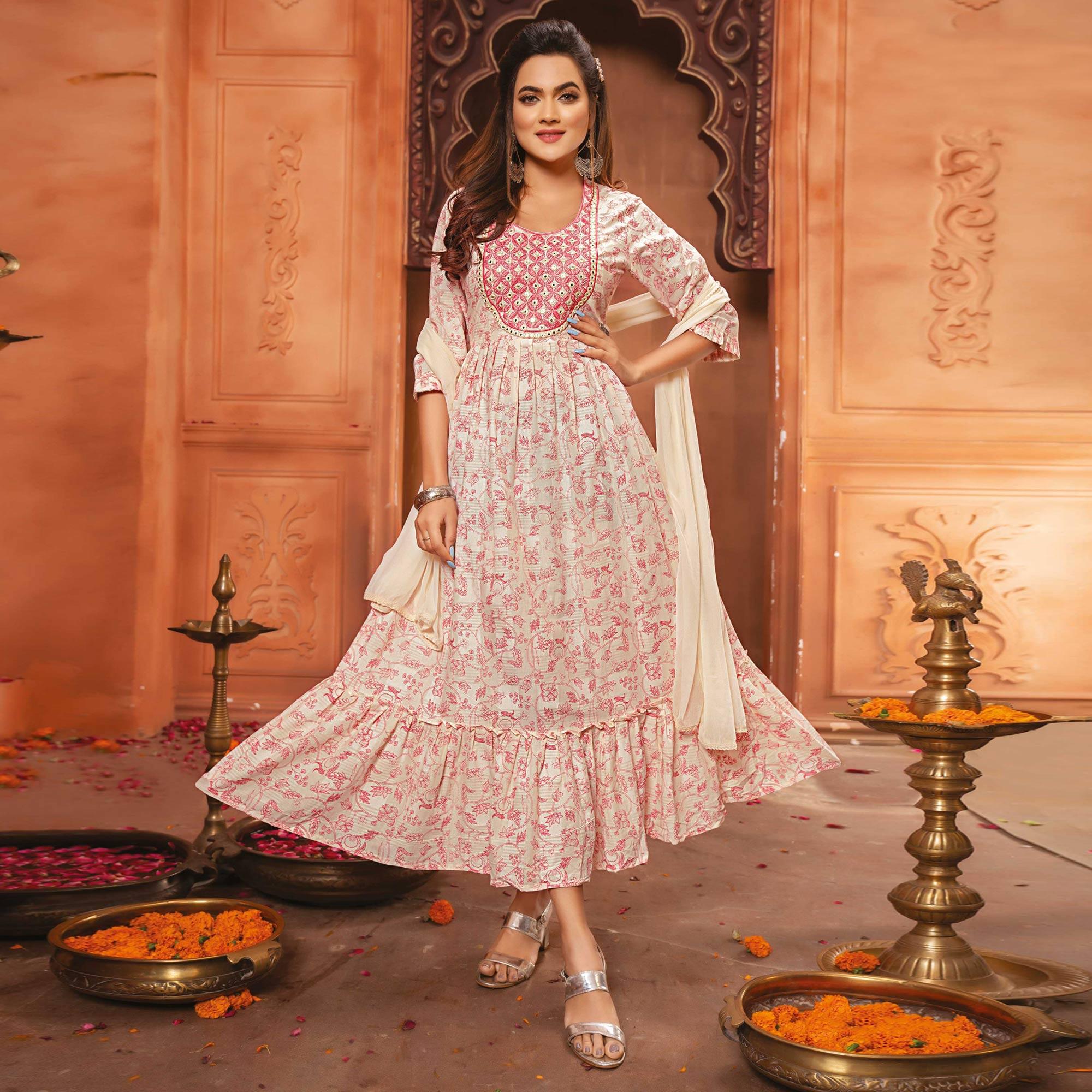 Embroidered Satin Gown with Attached Dupatta in Peach : TMB60