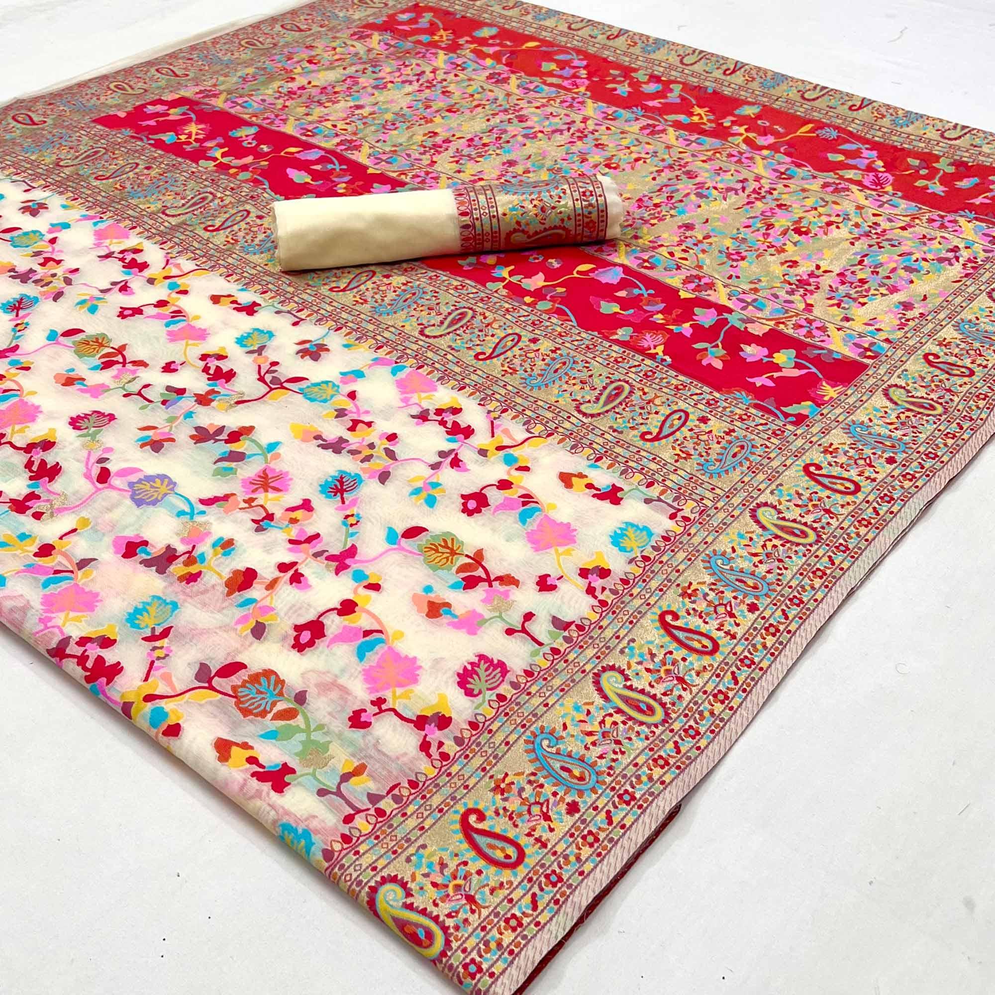 Offwhite Printed Chanderi Saree - Peachmode