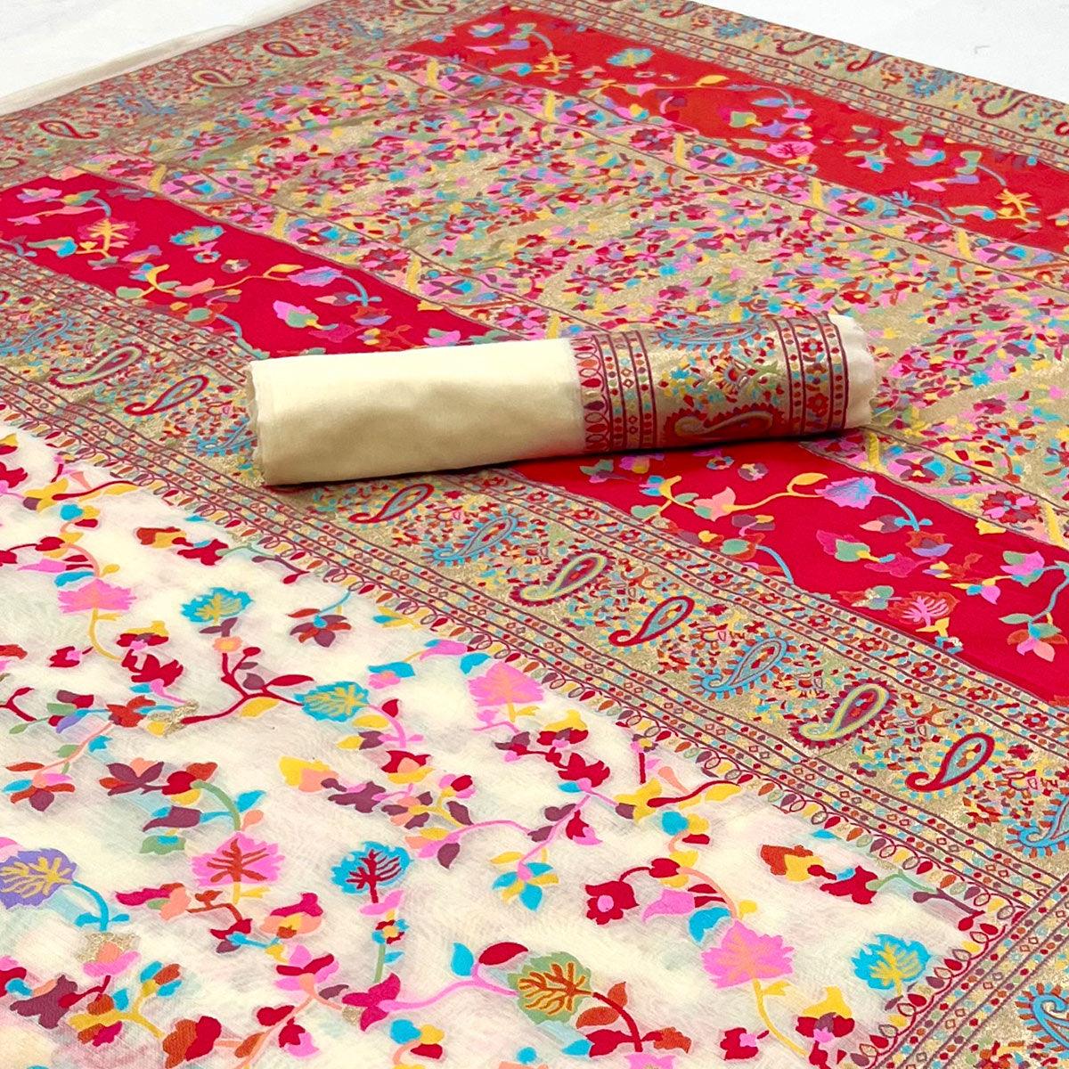 Offwhite Printed Chanderi Saree - Peachmode