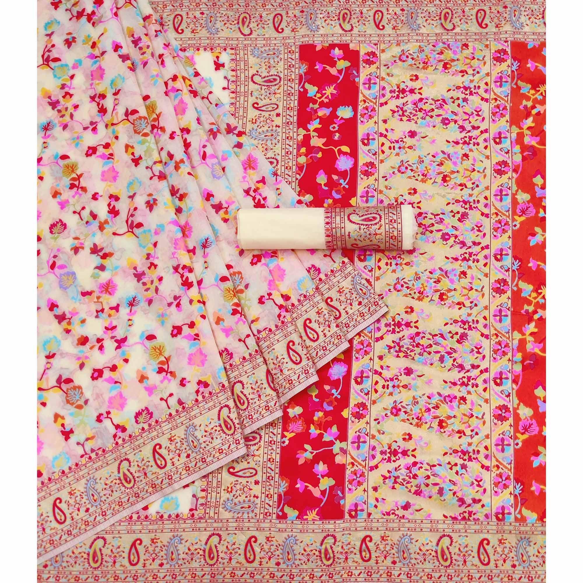 Offwhite Printed Chanderi Saree - Peachmode