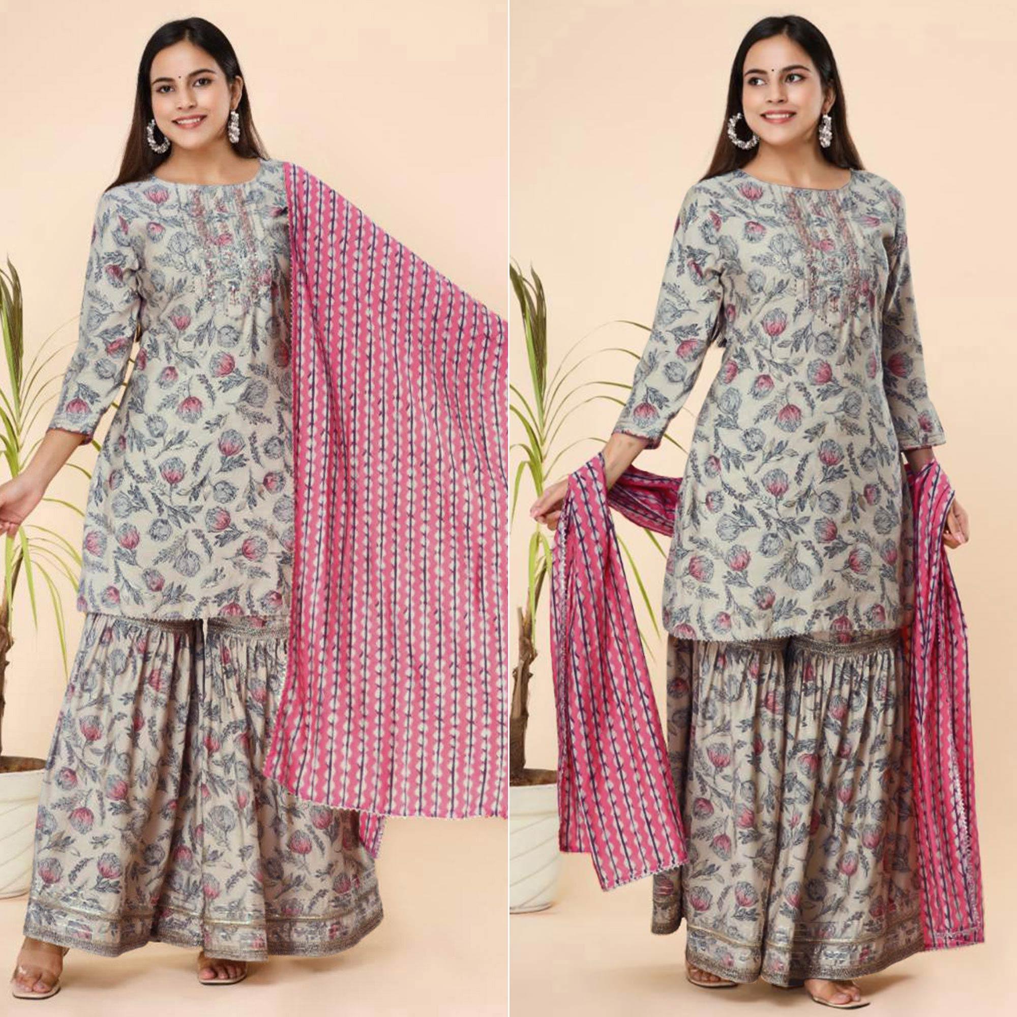 Offwhite Printed Cotton Silk Sharara Suit - Peachmode