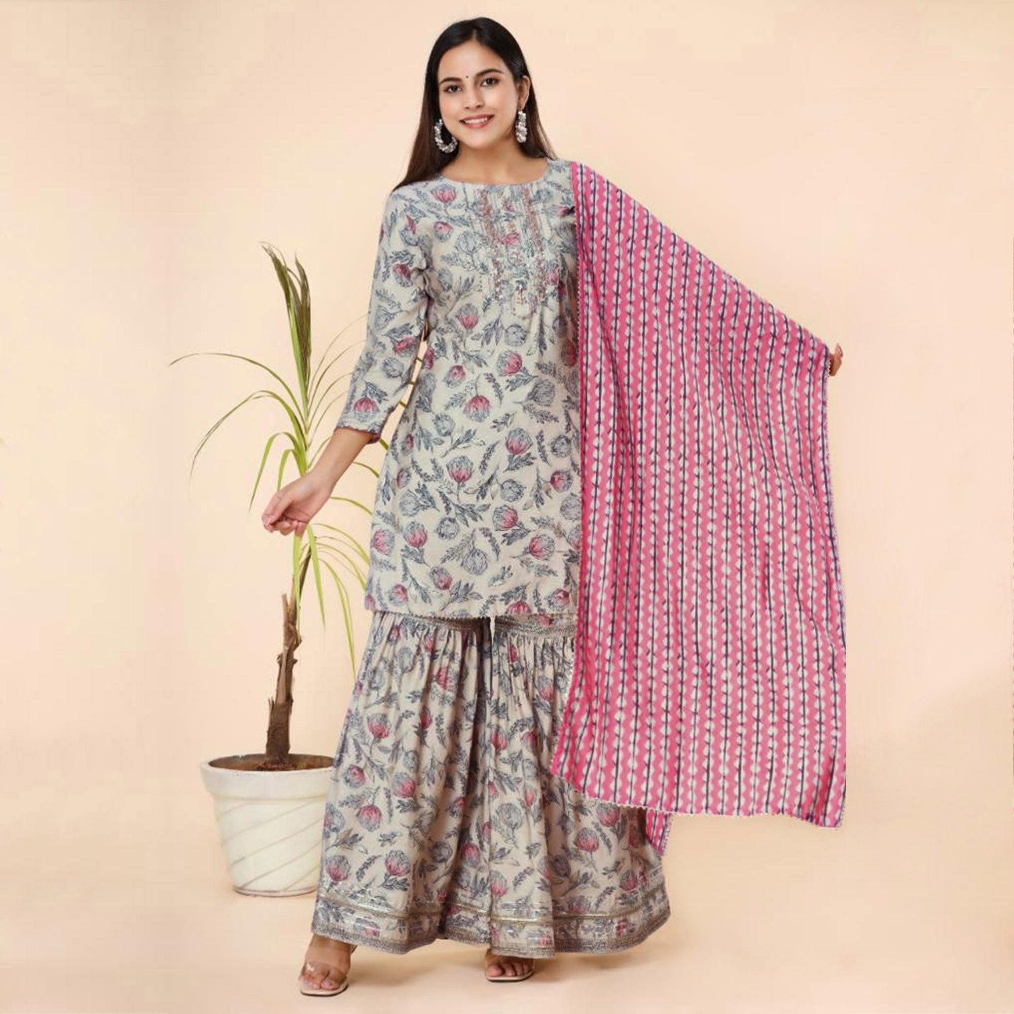 Offwhite Printed Cotton Silk Sharara Suit - Peachmode