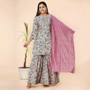 Offwhite Printed Cotton Silk Sharara Suit - Peachmode