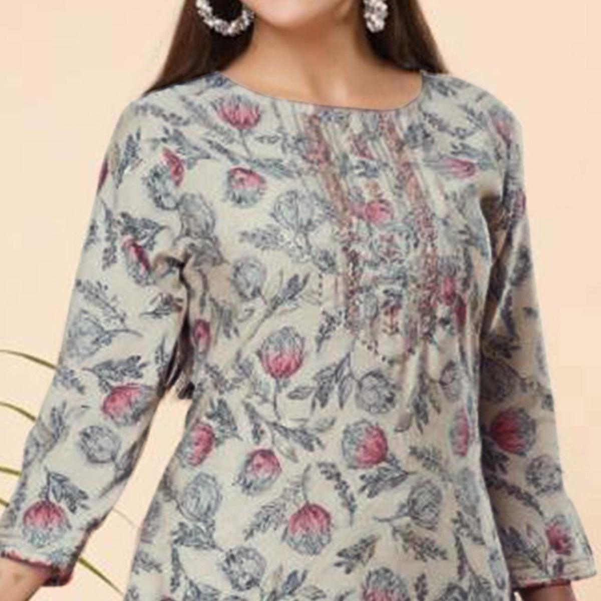 Offwhite Printed Cotton Silk Sharara Suit - Peachmode