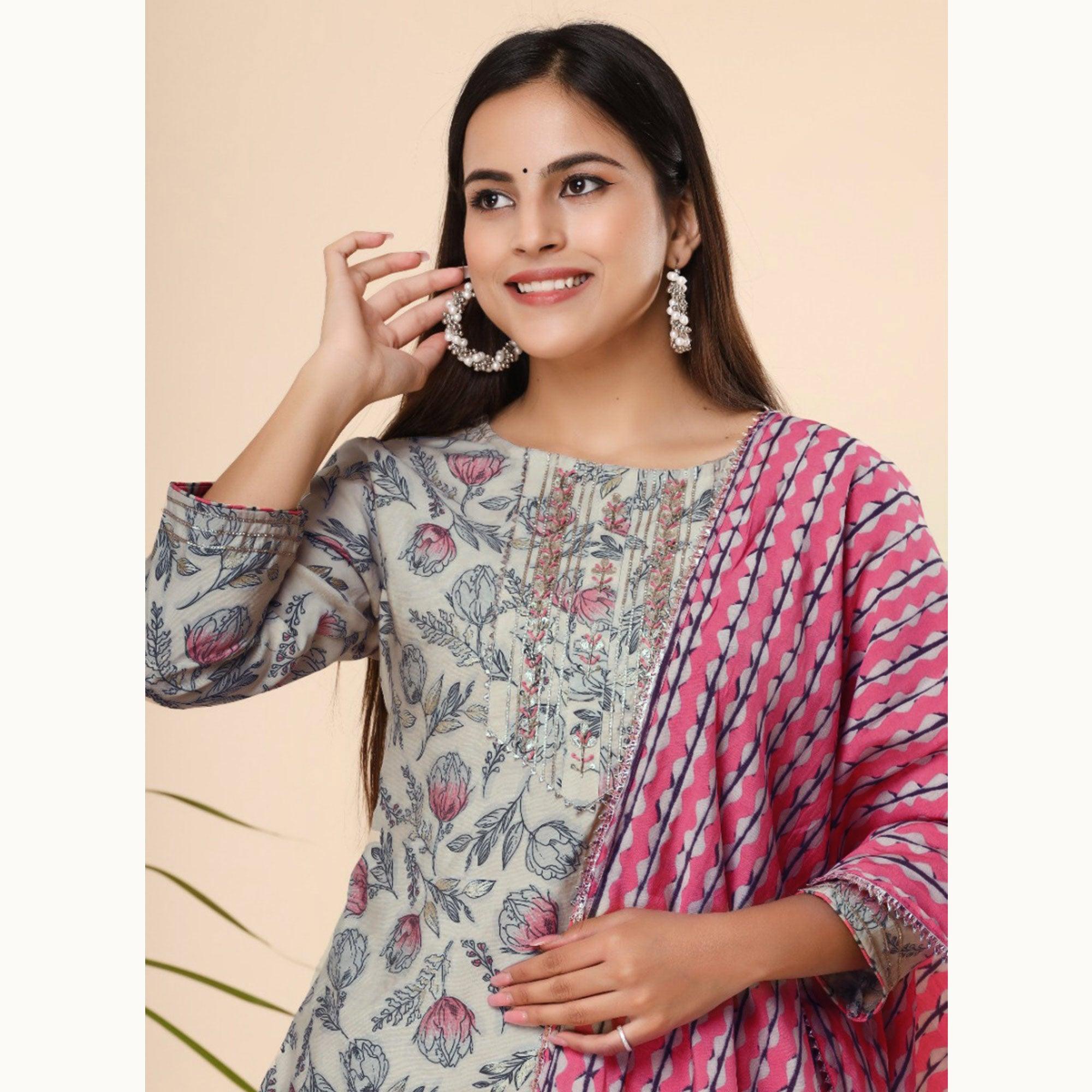 Offwhite Printed Cotton Silk Sharara Suit - Peachmode