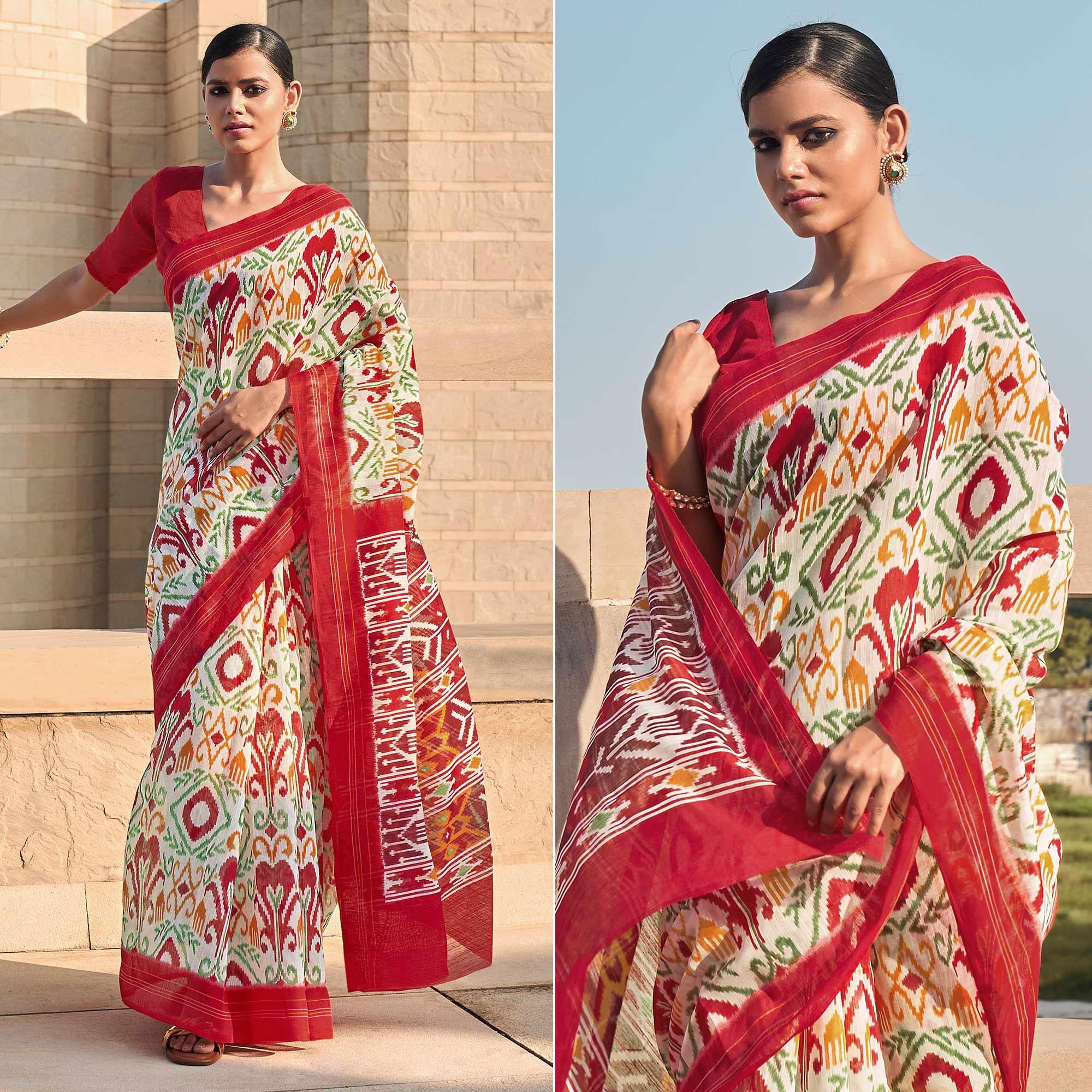 Offwhite Printed Poly Cotton Saree - Peachmode