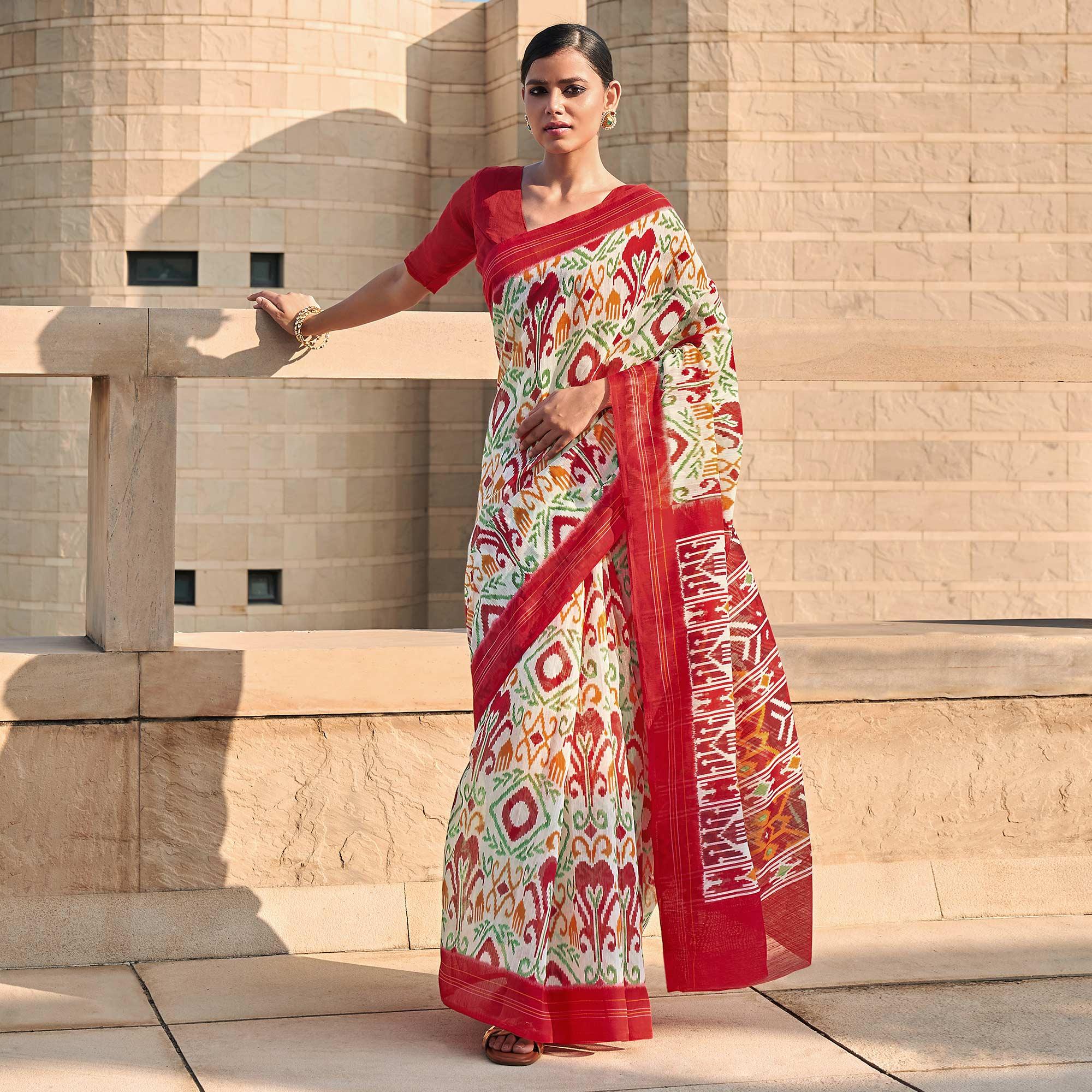 Offwhite Printed Poly Cotton Saree - Peachmode