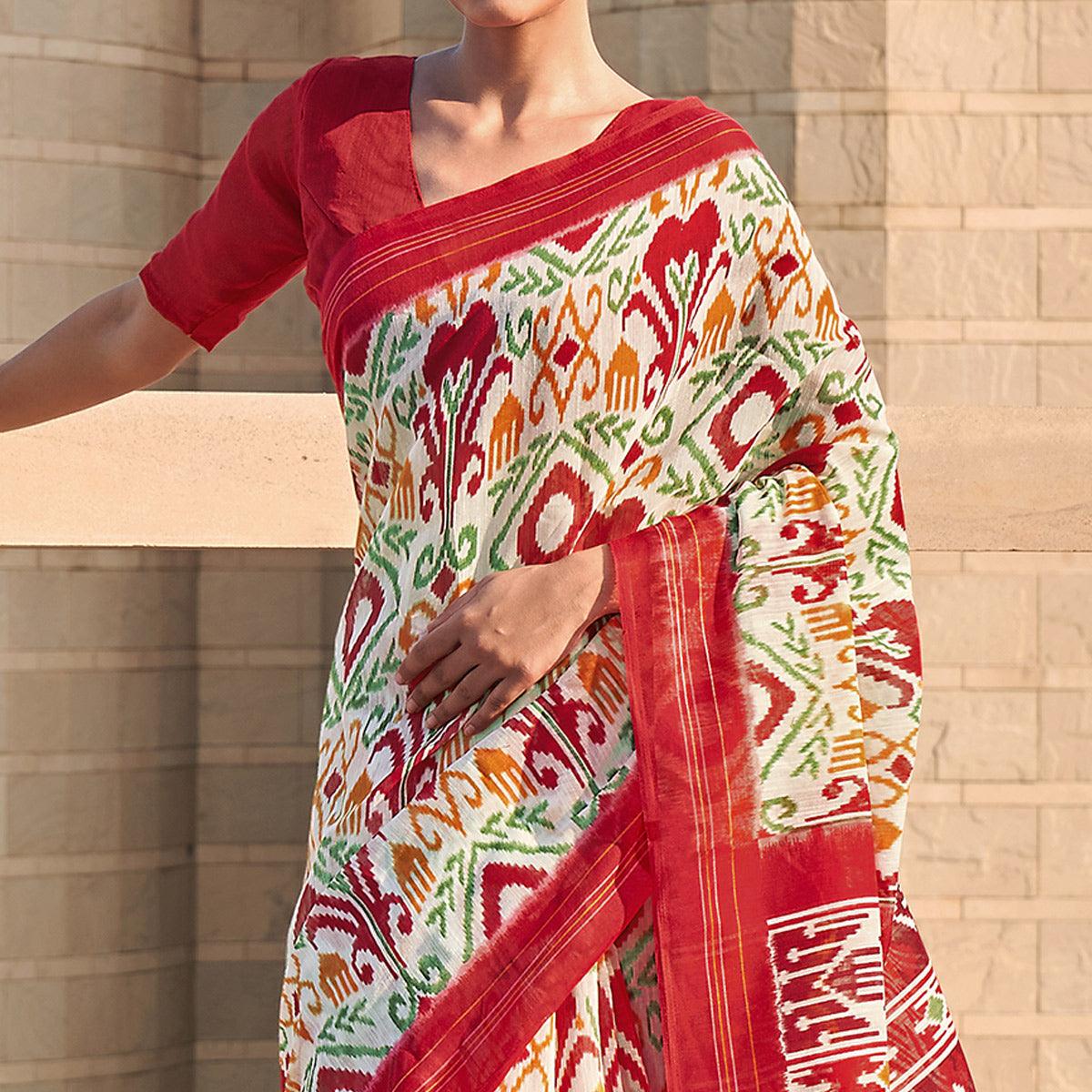 Offwhite Printed Poly Cotton Saree - Peachmode