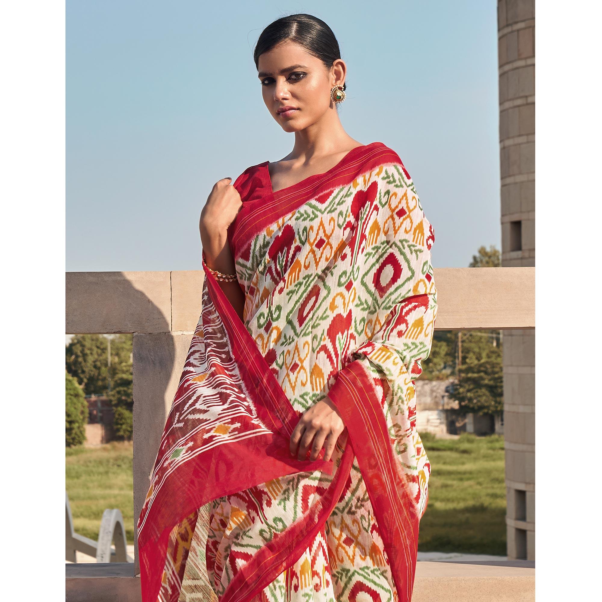 Offwhite Printed Poly Cotton Saree - Peachmode
