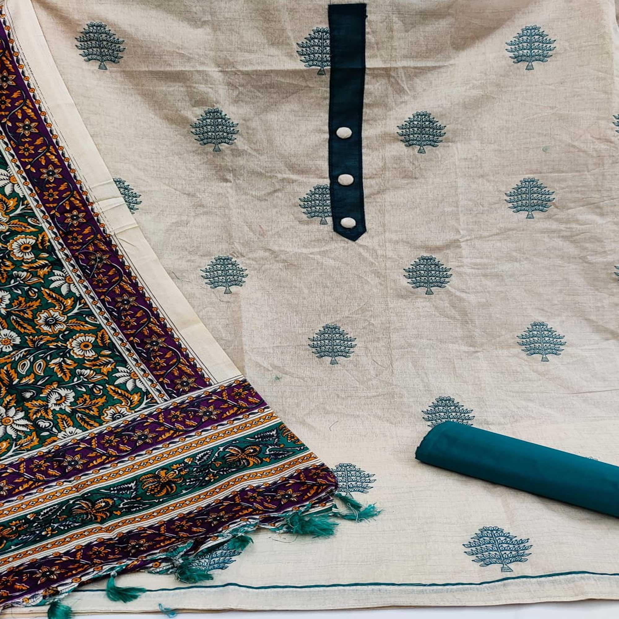 Offwhite - Rama Casual Wear Printed Cotton Dress Material - Peachmode