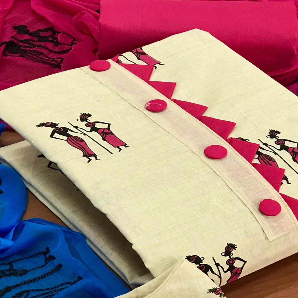 OffWhite - Rani Casual Wear Printed Cotton Dress Material - Peachmode