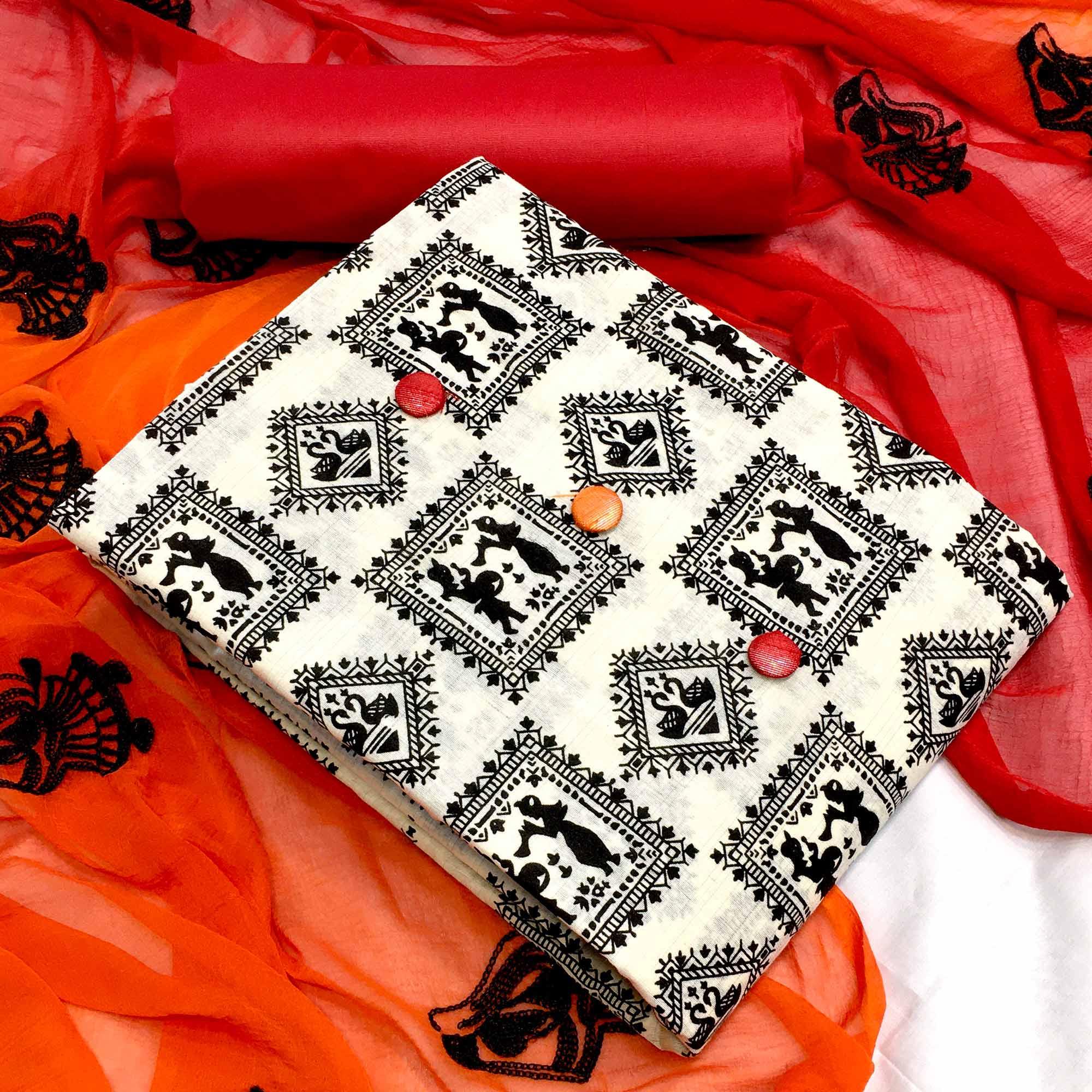 OffWhite - Red Casual Wear Printed Cotton Dress Material - Peachmode