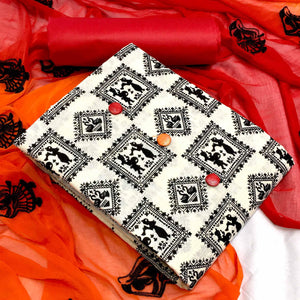 OffWhite - Red Casual Wear Printed Cotton Dress Material - Peachmode