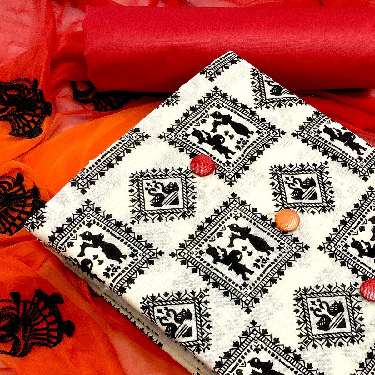 OffWhite - Red Casual Wear Printed Cotton Dress Material - Peachmode