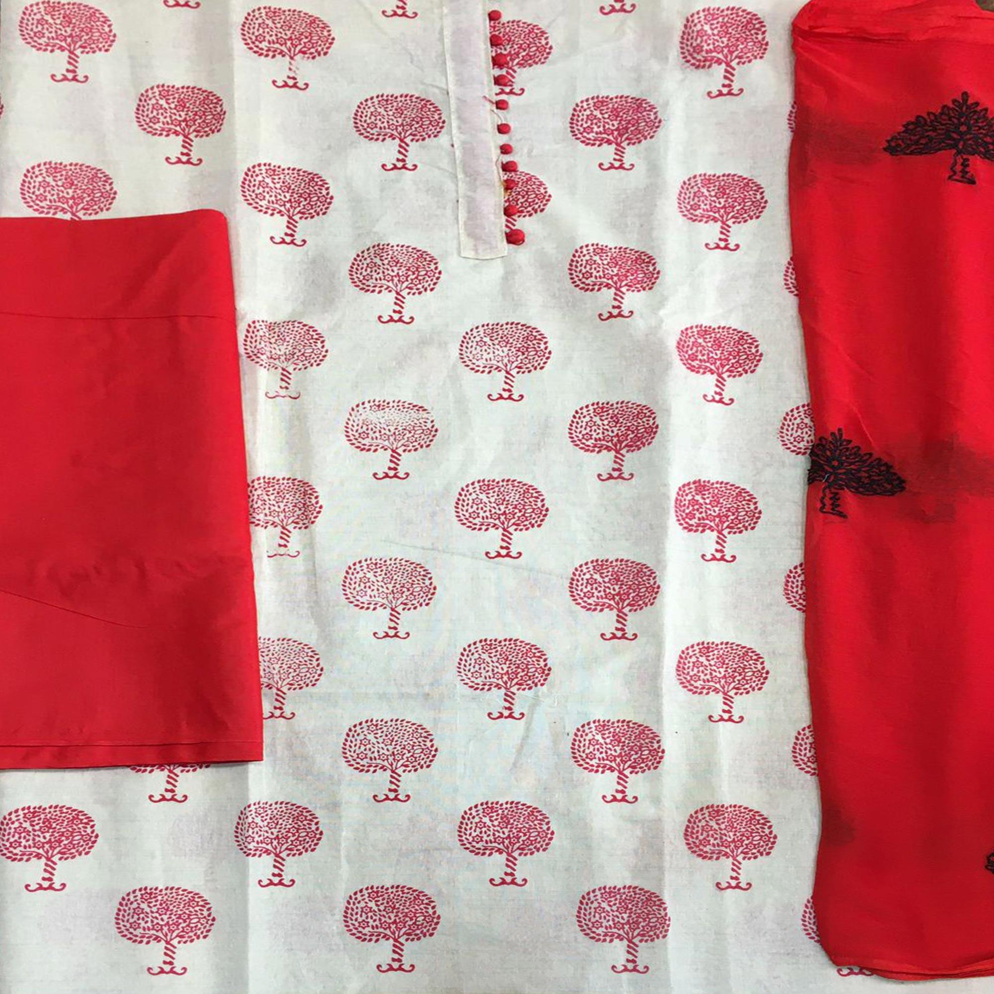 OffWhite - Red Casual Wear Printed Cotton Dress Material - Peachmode