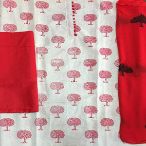 OffWhite - Red Casual Wear Printed Cotton Dress Material - Peachmode