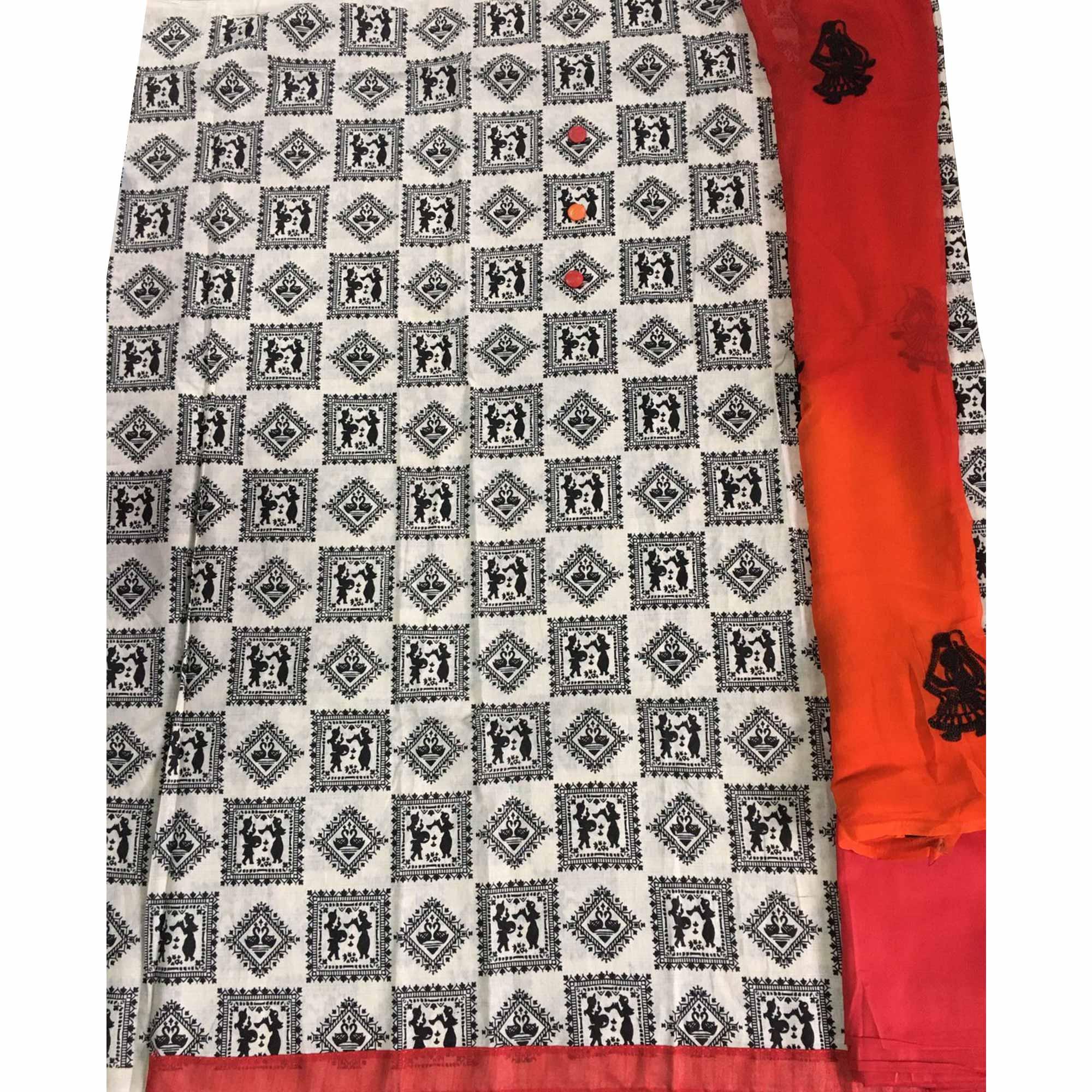 OffWhite - Red Casual Wear Printed Cotton Dress Material - Peachmode