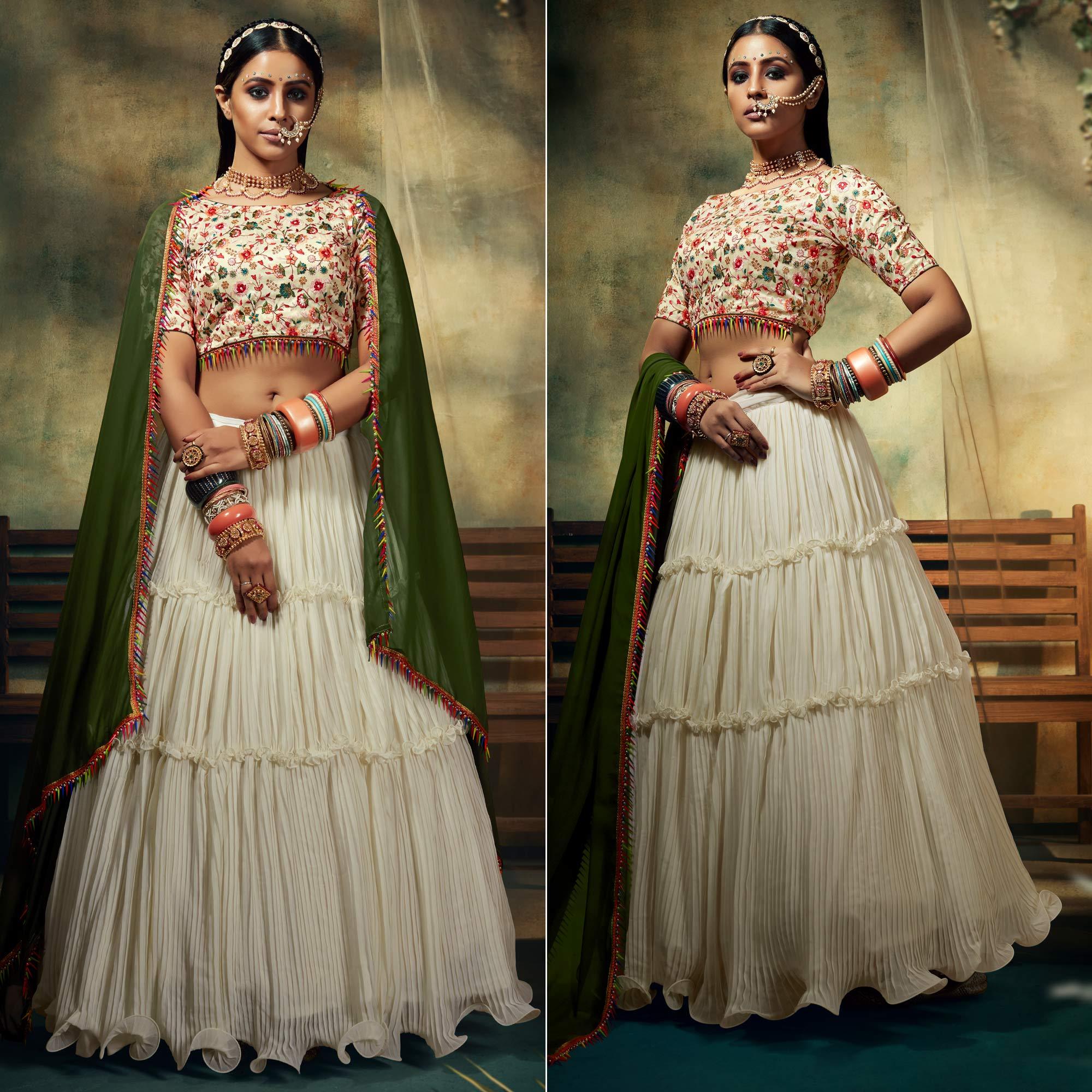 Offwhite Solid Georgette Lehenga Choli - Peachmode