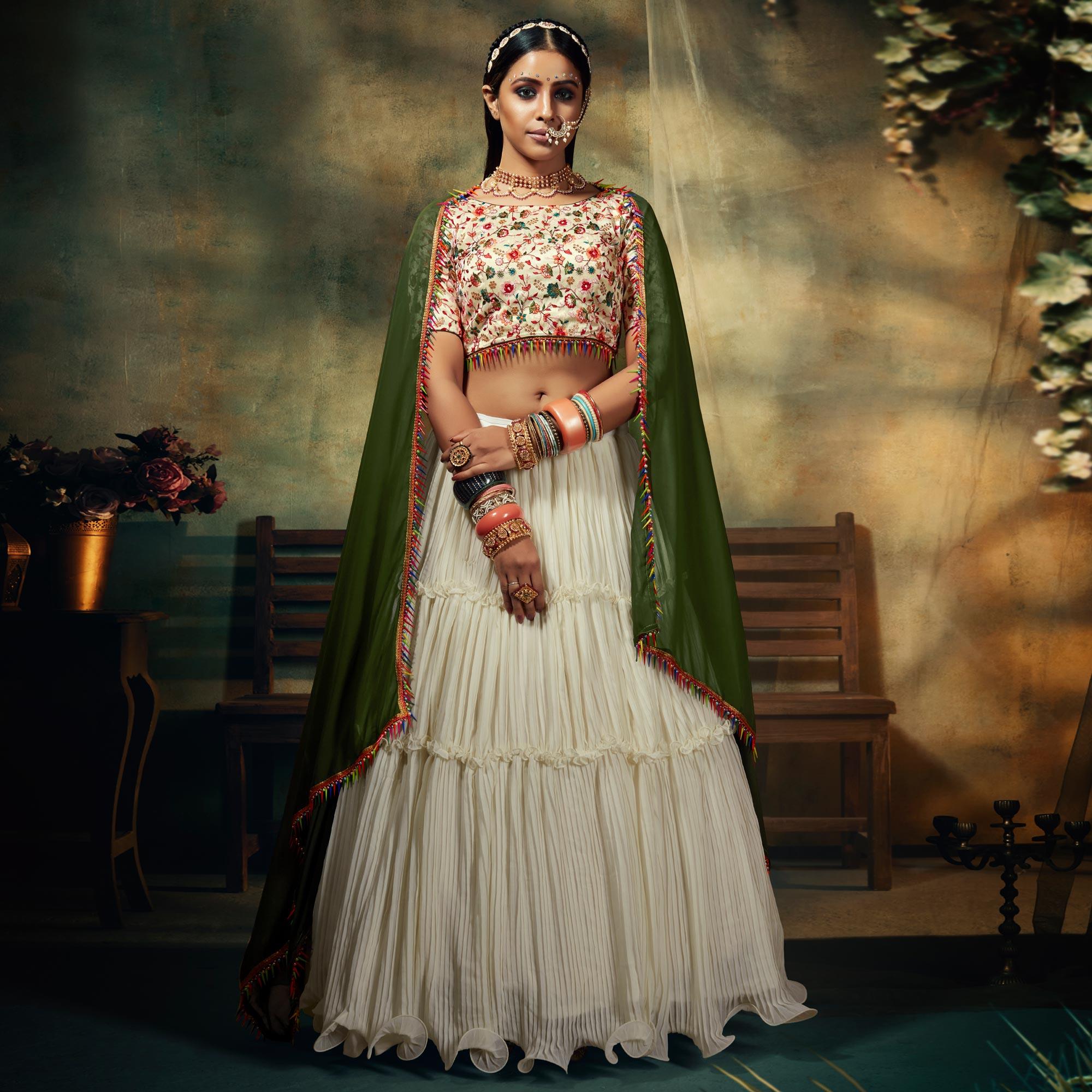 Offwhite Solid Georgette Lehenga Choli - Peachmode