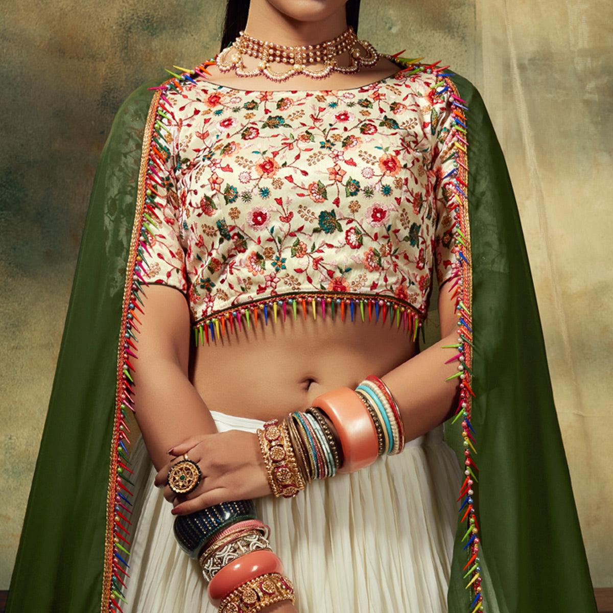 Offwhite Solid Georgette Lehenga Choli - Peachmode