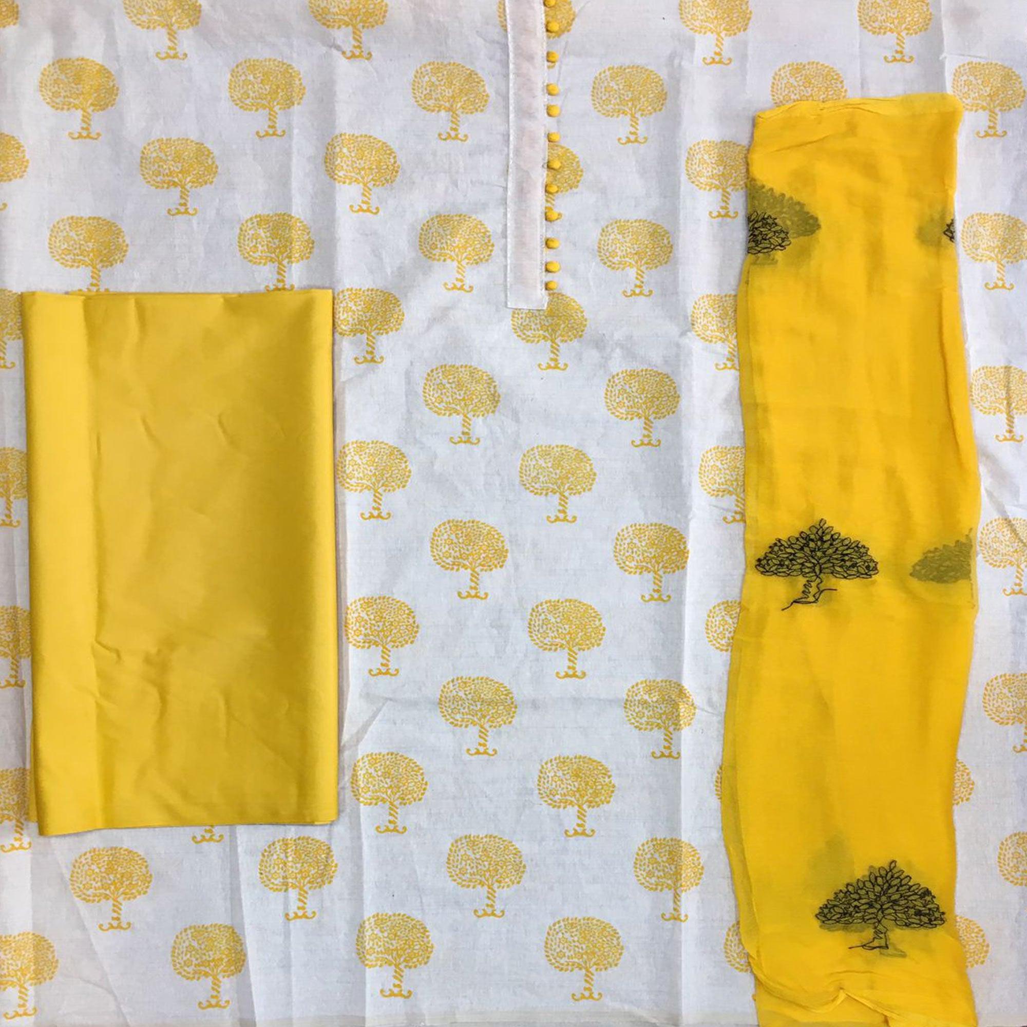 OffWhite - Yellow Casual Wear Printed Cotton Dress Material - Peachmode