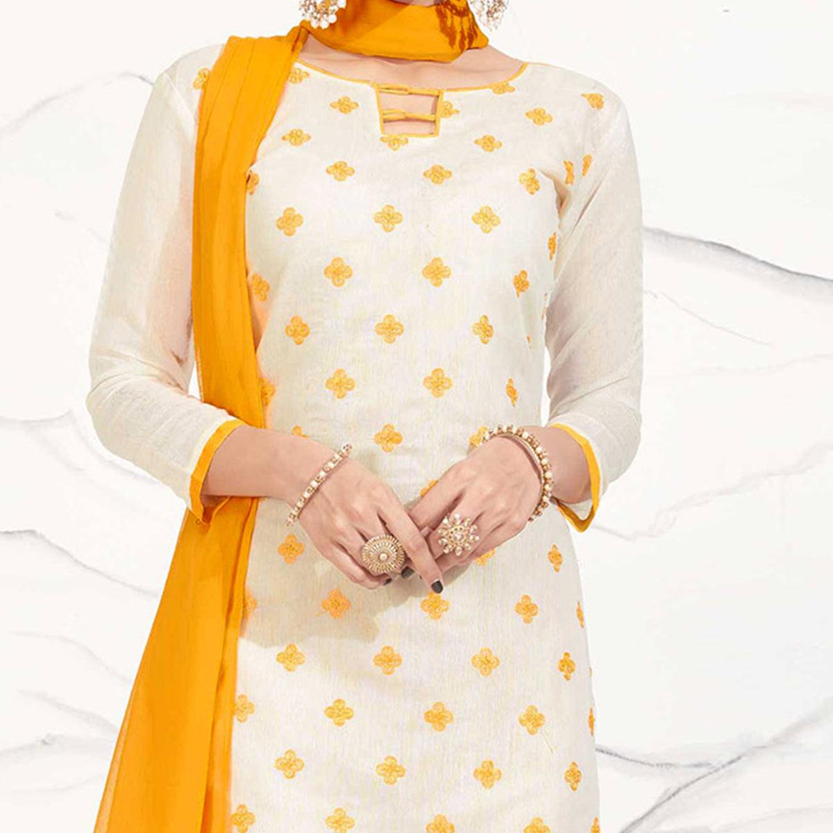 Offwhite - Yellow Embroidered Chanderi Dress Material - Peachmode