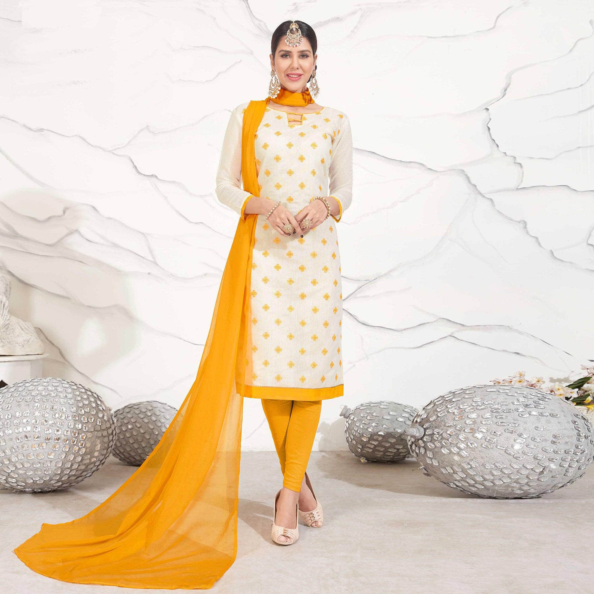 Offwhite - Yellow Embroidered Chanderi Dress Material - Peachmode
