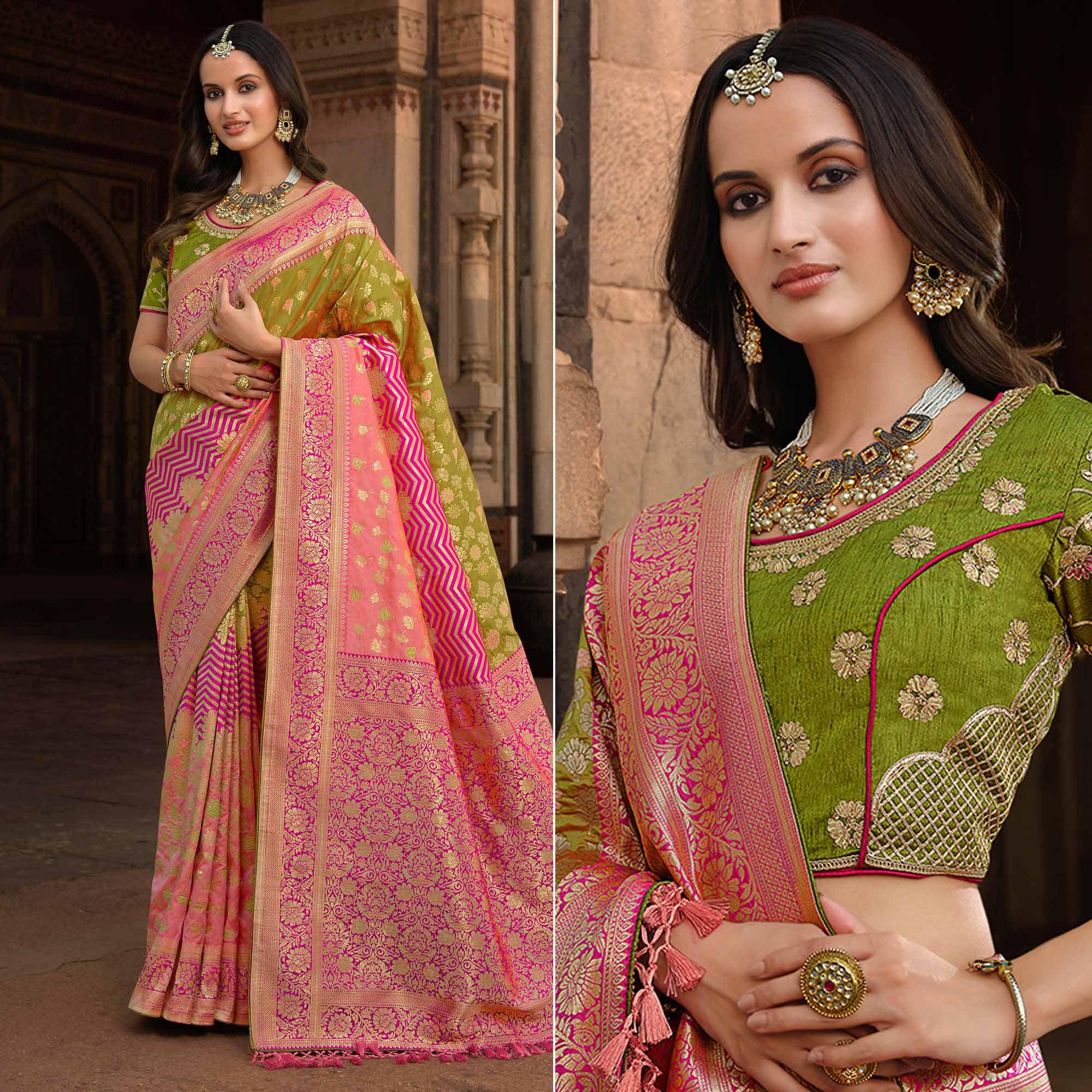 Olive & Magenta Woven Banarasi Silk Saree With Tassels - Peachmode