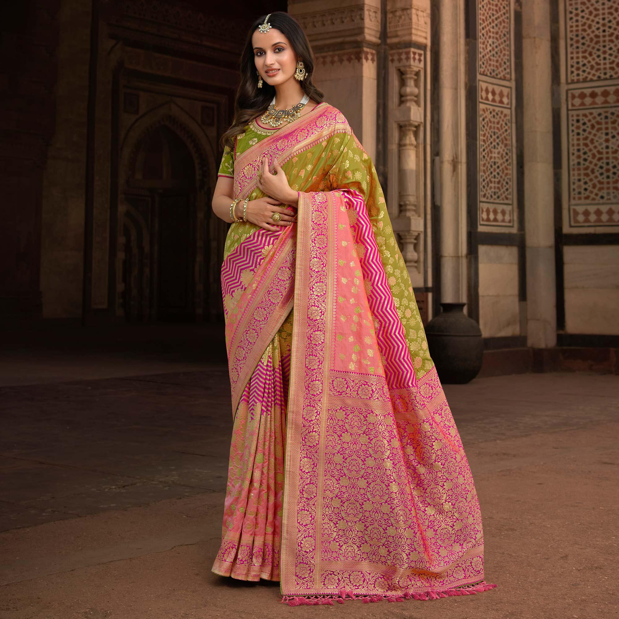 Olive & Magenta Woven Banarasi Silk Saree With Tassels - Peachmode
