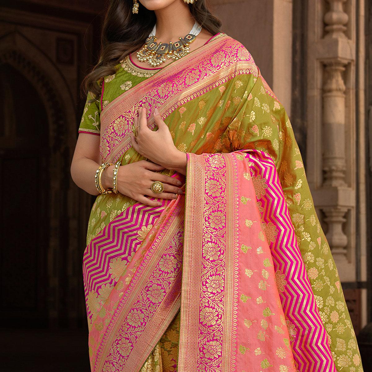Olive & Magenta Woven Banarasi Silk Saree With Tassels - Peachmode