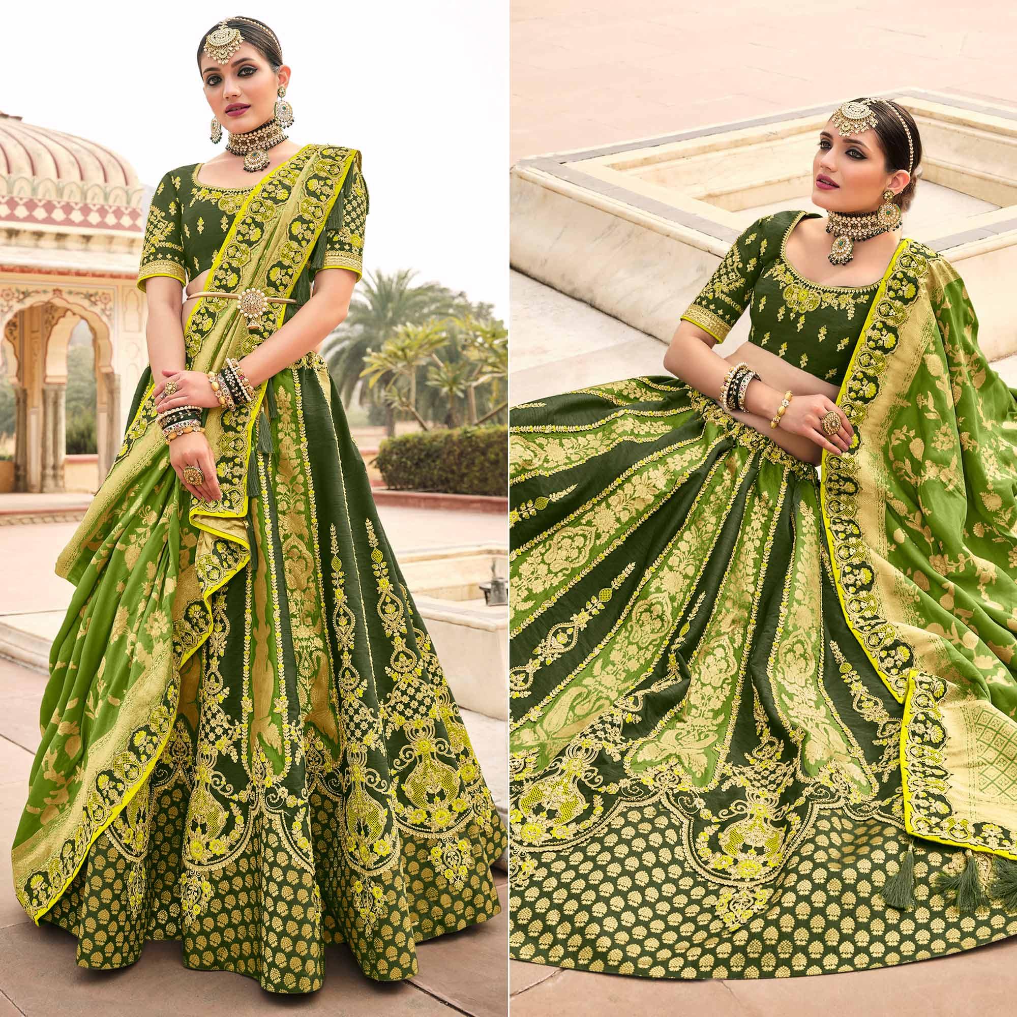 Olive & Mint Green Wedding Wear Woven-Embellished Banarasi Silk Lehenga Choli - Peachmode