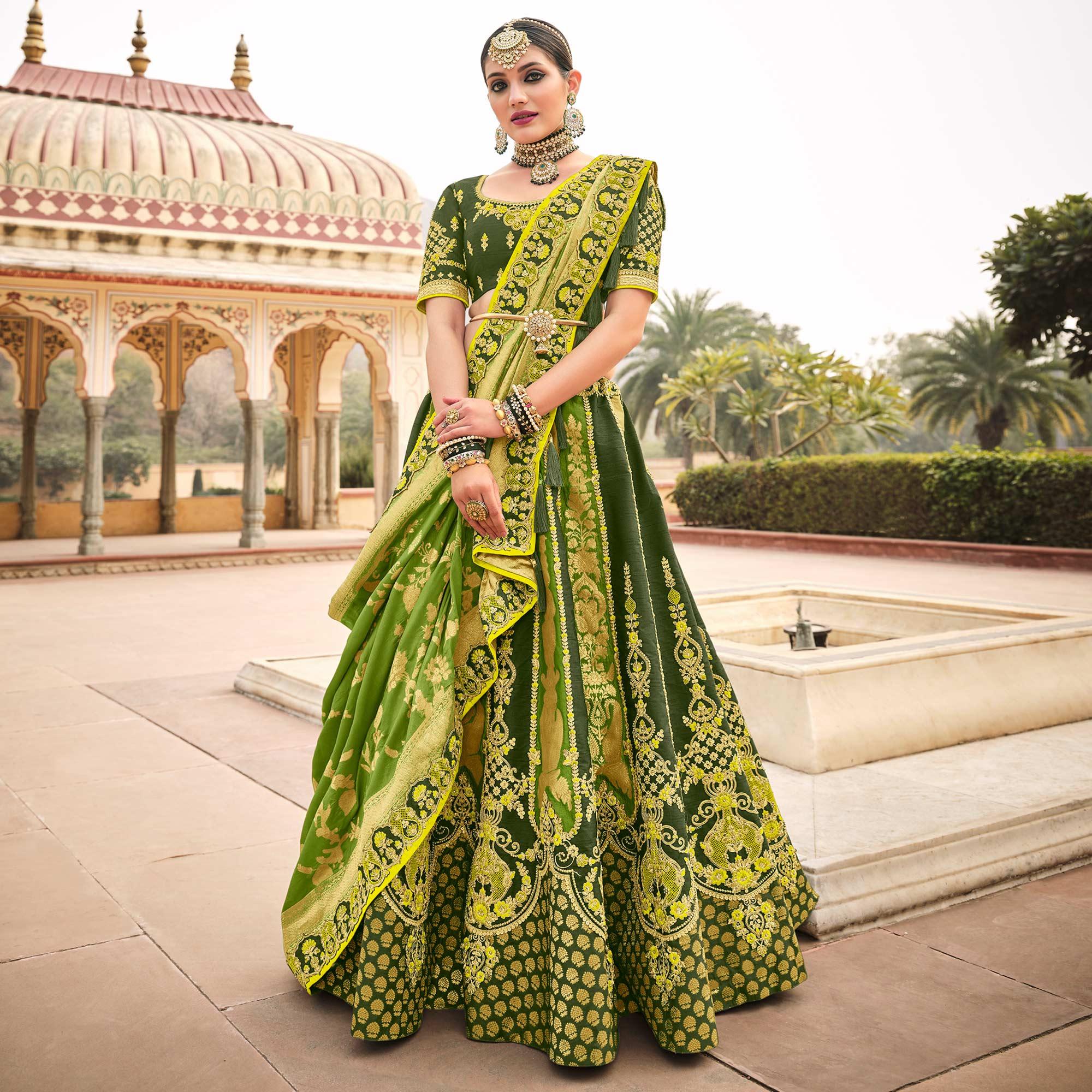 Olive & Mint Green Wedding Wear Woven-Embellished Banarasi Silk Lehenga Choli - Peachmode