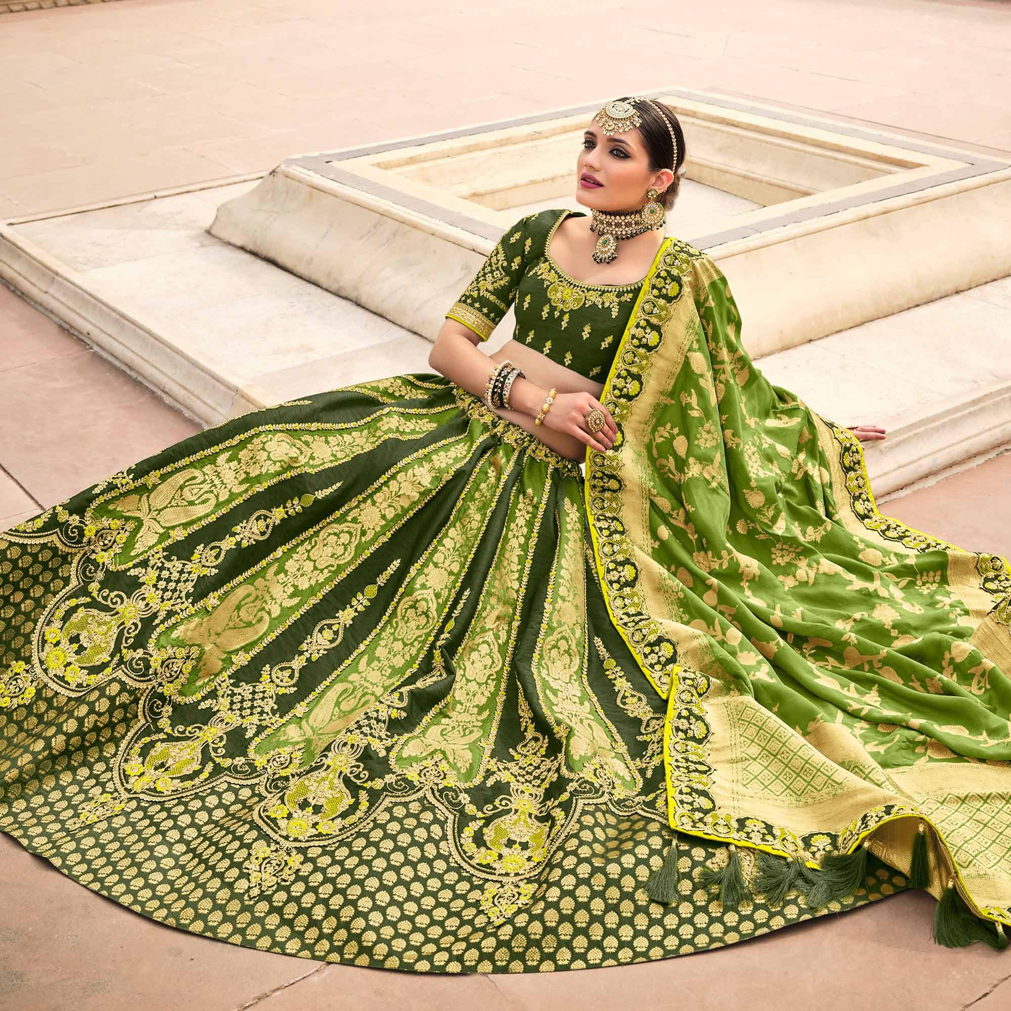 Olive & Mint Green Wedding Wear Woven-Embellished Banarasi Silk Lehenga Choli - Peachmode