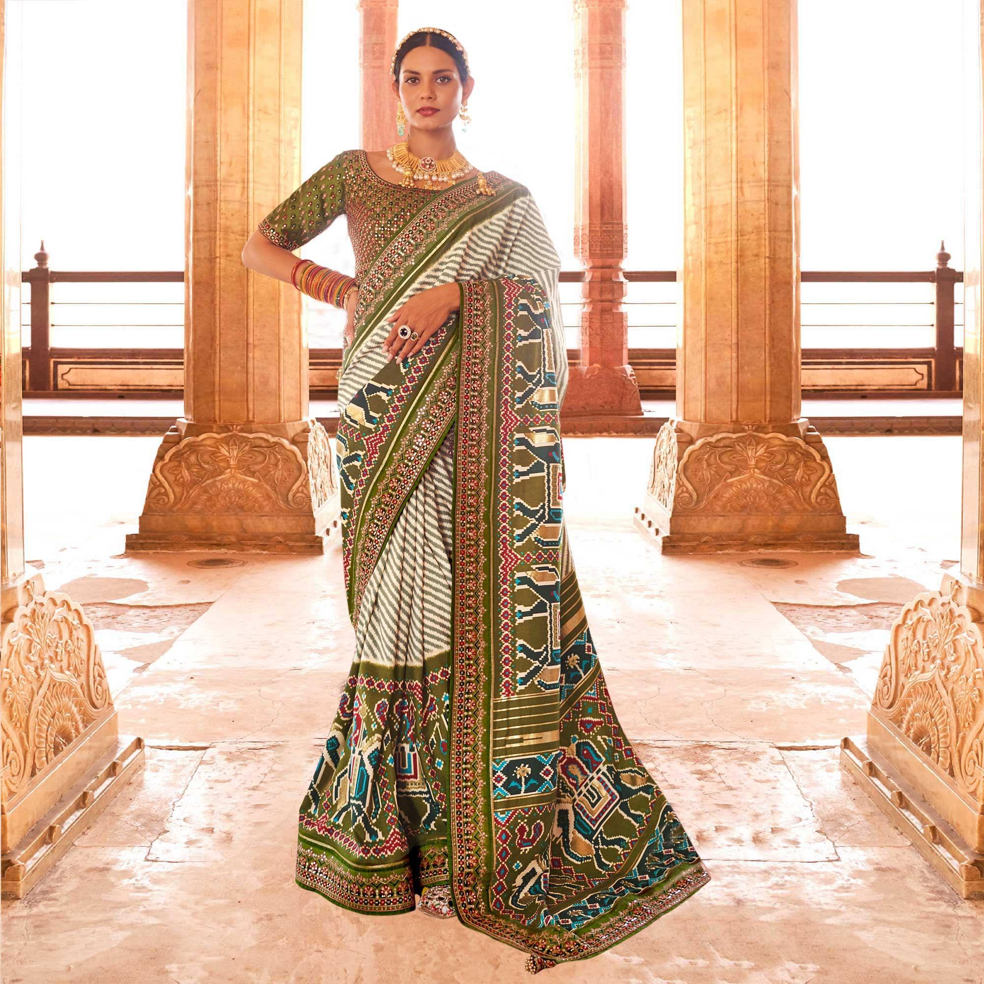 Olive & Off White Patola Printed-Sequence Embroidered Pure Silk Saree - Peachmode