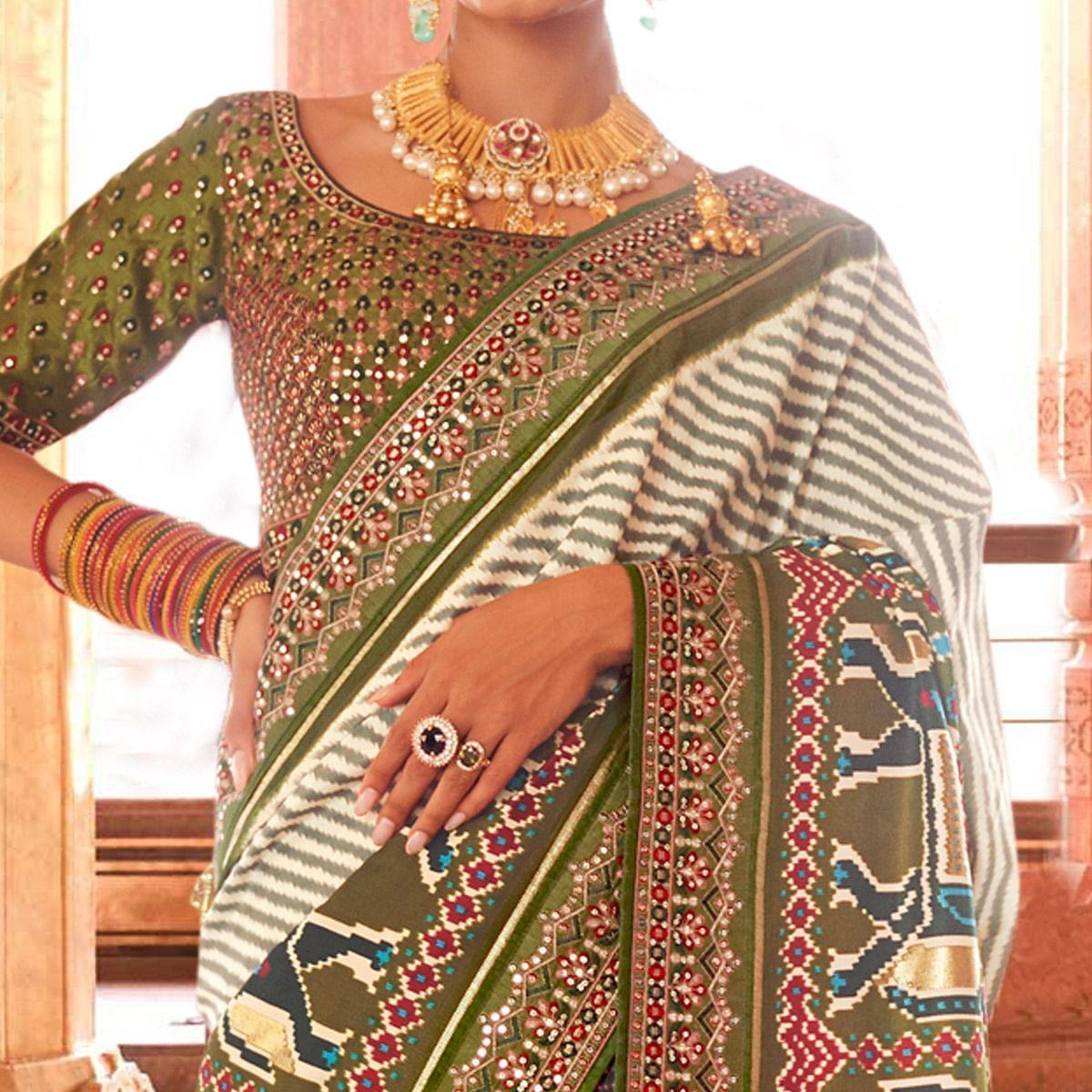 Olive & Off White Patola Printed-Sequence Embroidered Pure Silk Saree - Peachmode