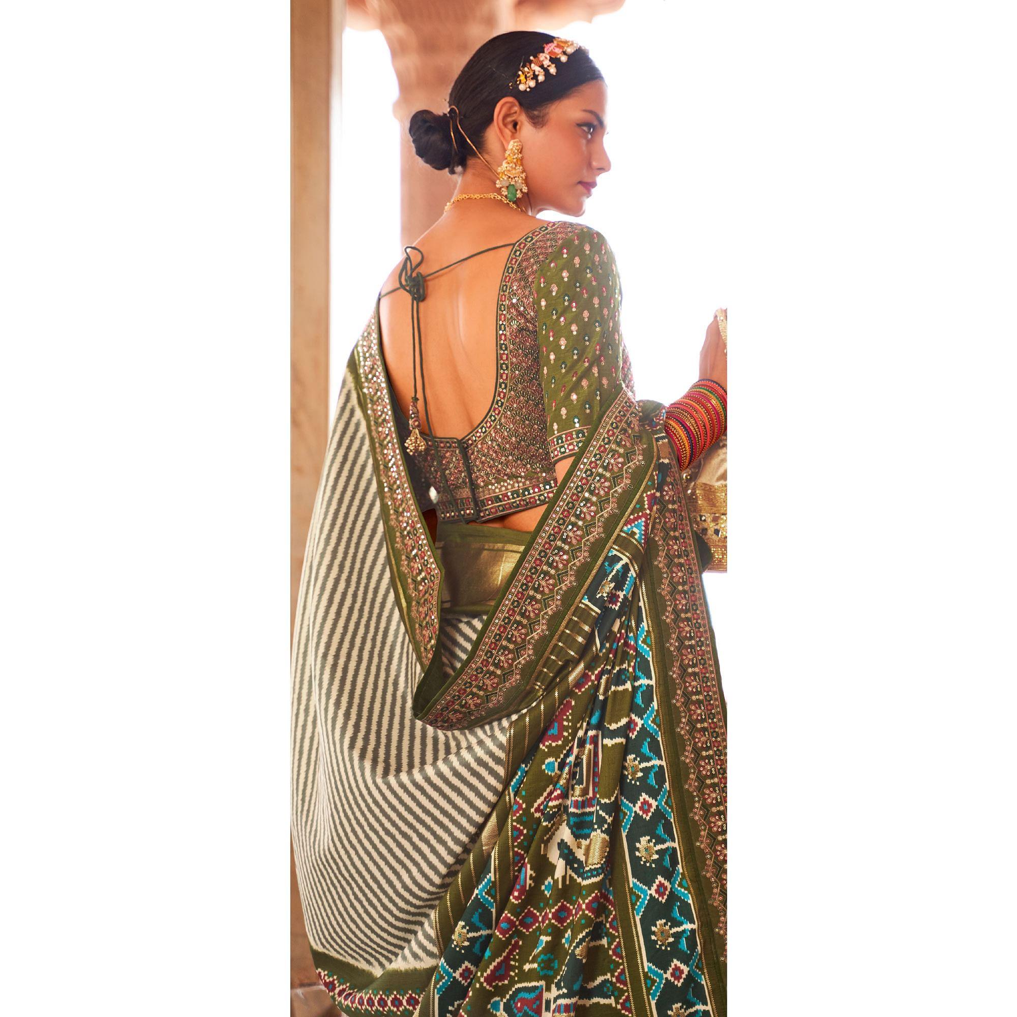 Olive & Off White Patola Printed-Sequence Embroidered Pure Silk Saree - Peachmode