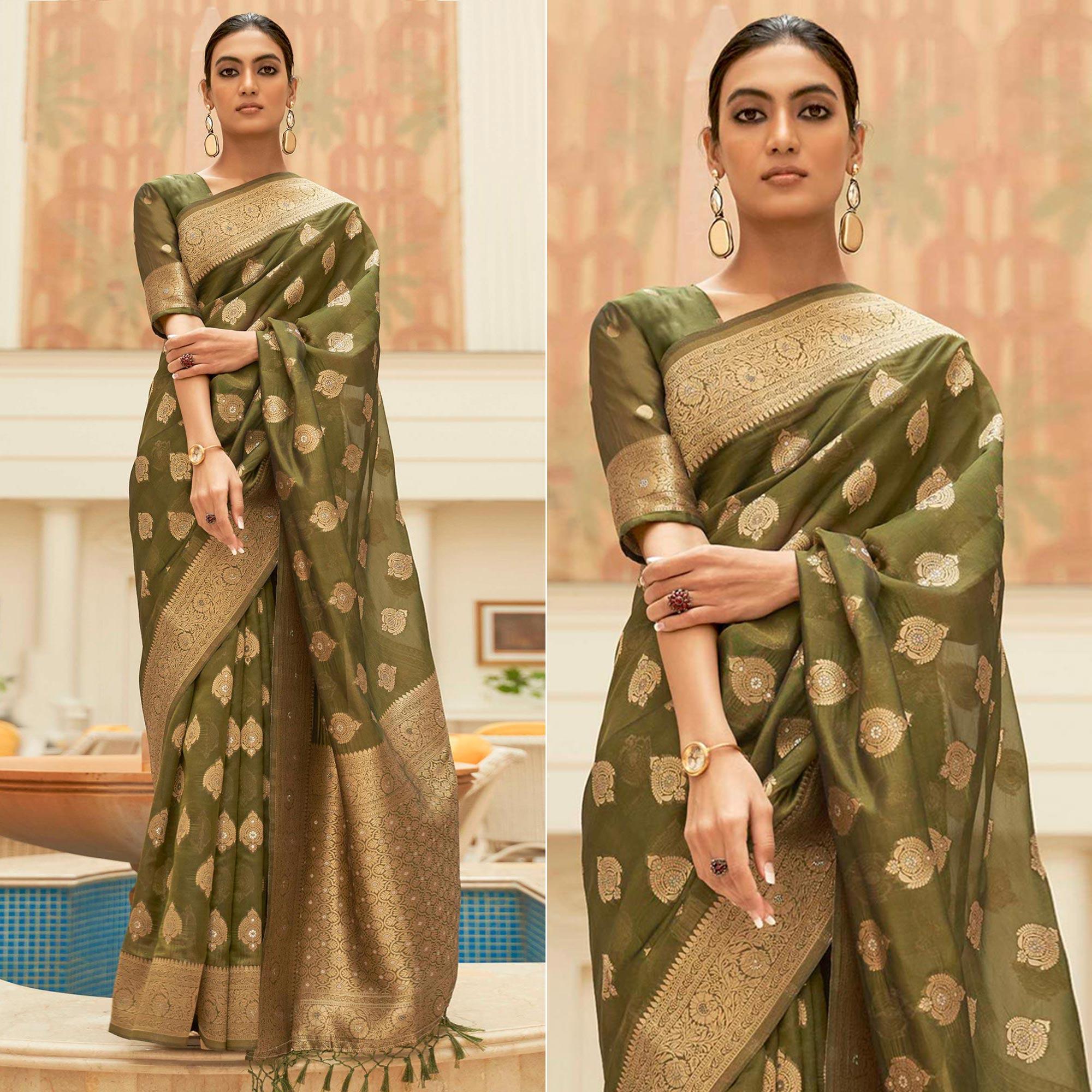 Olive Festive Wear Zari Woven Organza Silk Saree With Tassels - Peachmode