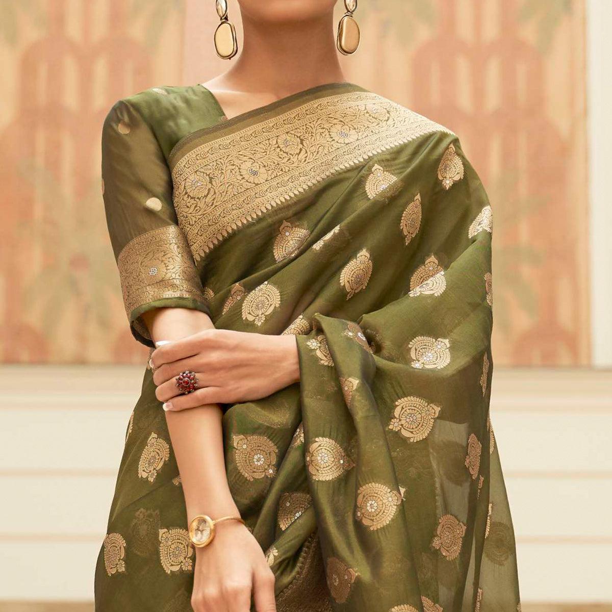 Olive Festive Wear Zari Woven Organza Silk Saree With Tassels - Peachmode