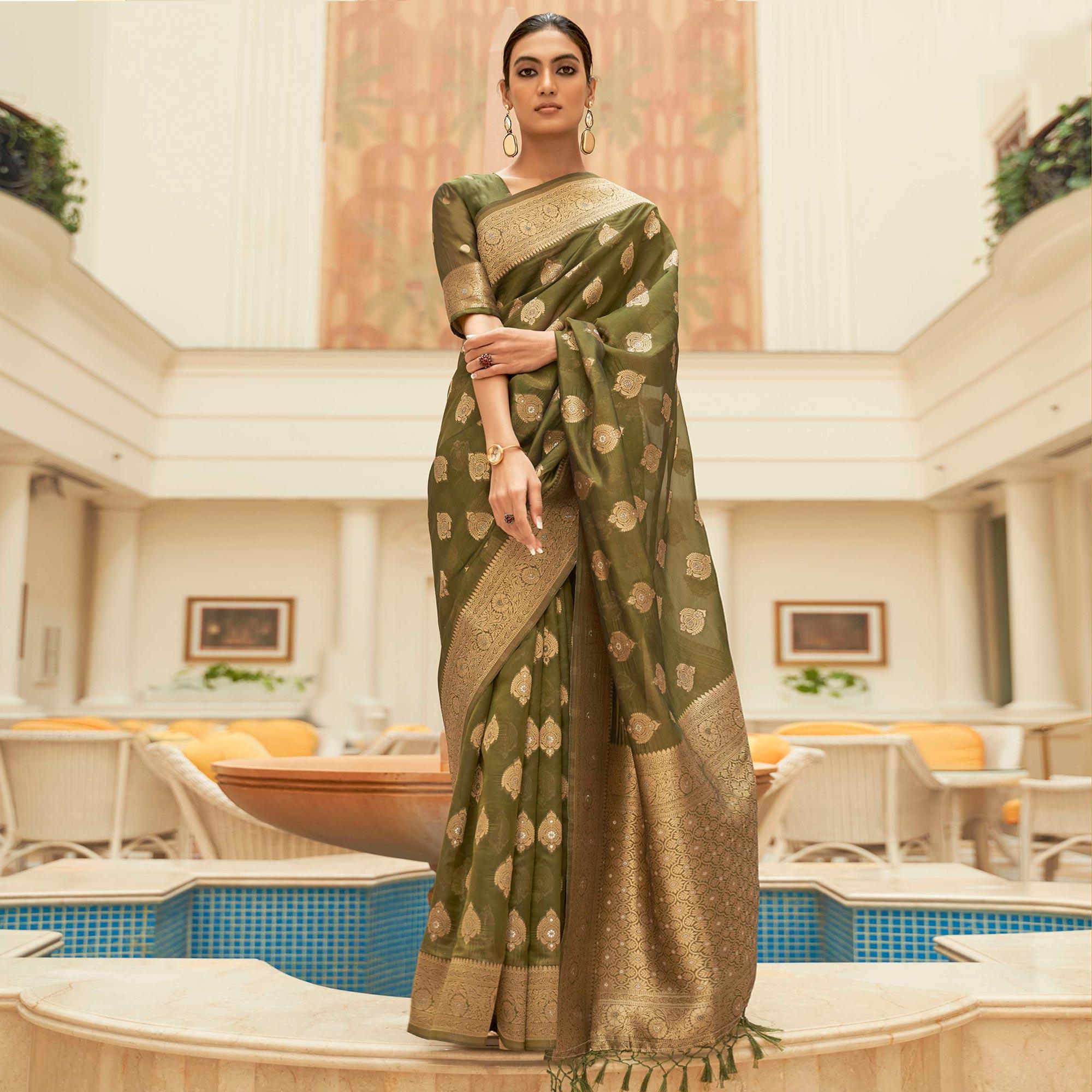 Olive Festive Wear Zari Woven Organza Silk Saree With Tassels - Peachmode