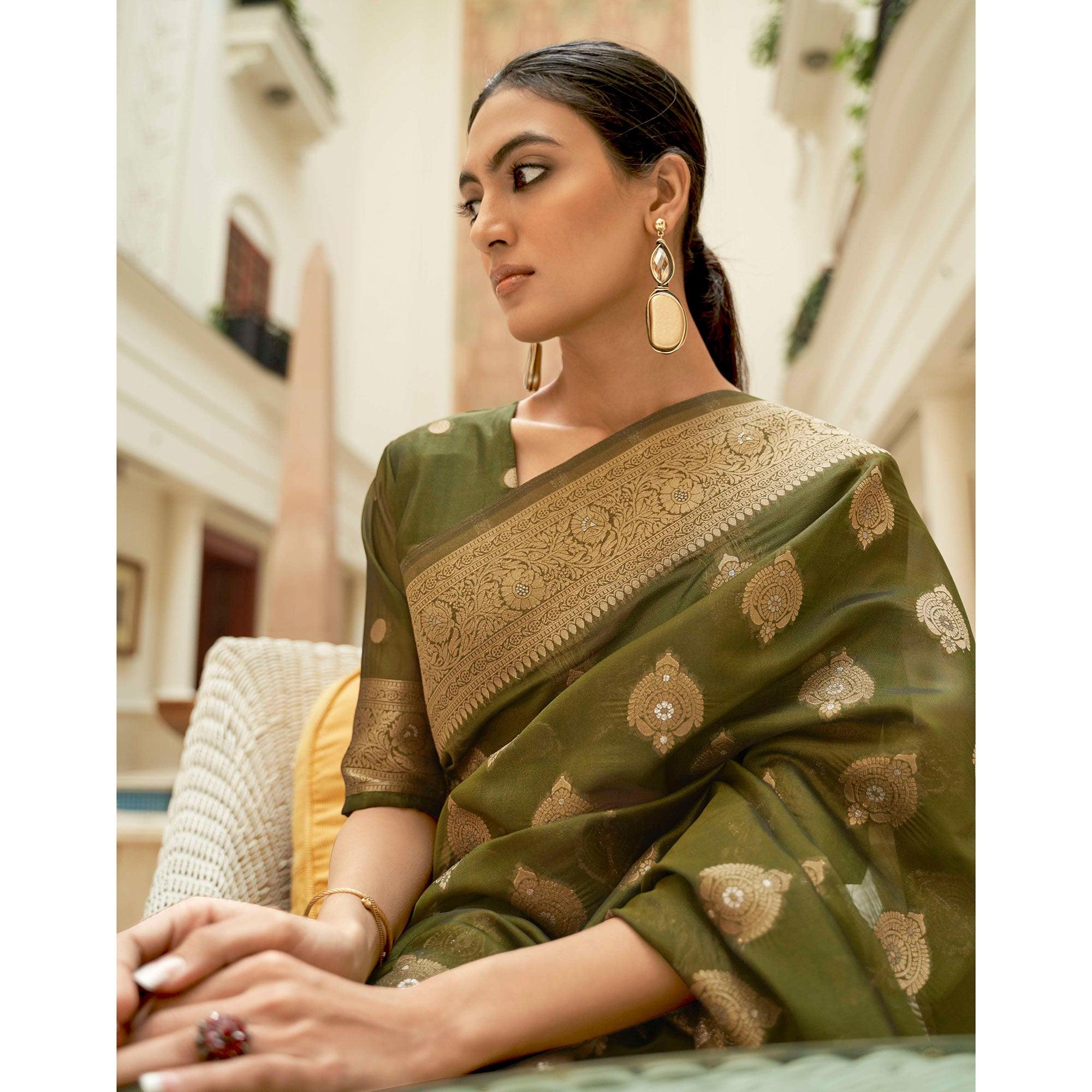 Olive Festive Wear Zari Woven Organza Silk Saree With Tassels - Peachmode