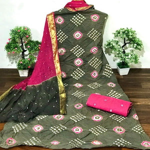 Olive Green Bandhani Printed Cotton Dress Material - Peachmode